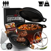 2in1 Dutch Oven Set – Gusseisen Topf 4,8L & Gusspfanne 1,8L – inkl. Ringreiniger + Pflegepaste + Untersetzer + Echtleder-Griffe + Gebrauchsanweisung – Schmortopf Doppelfunktion [für 3-6 Personen]