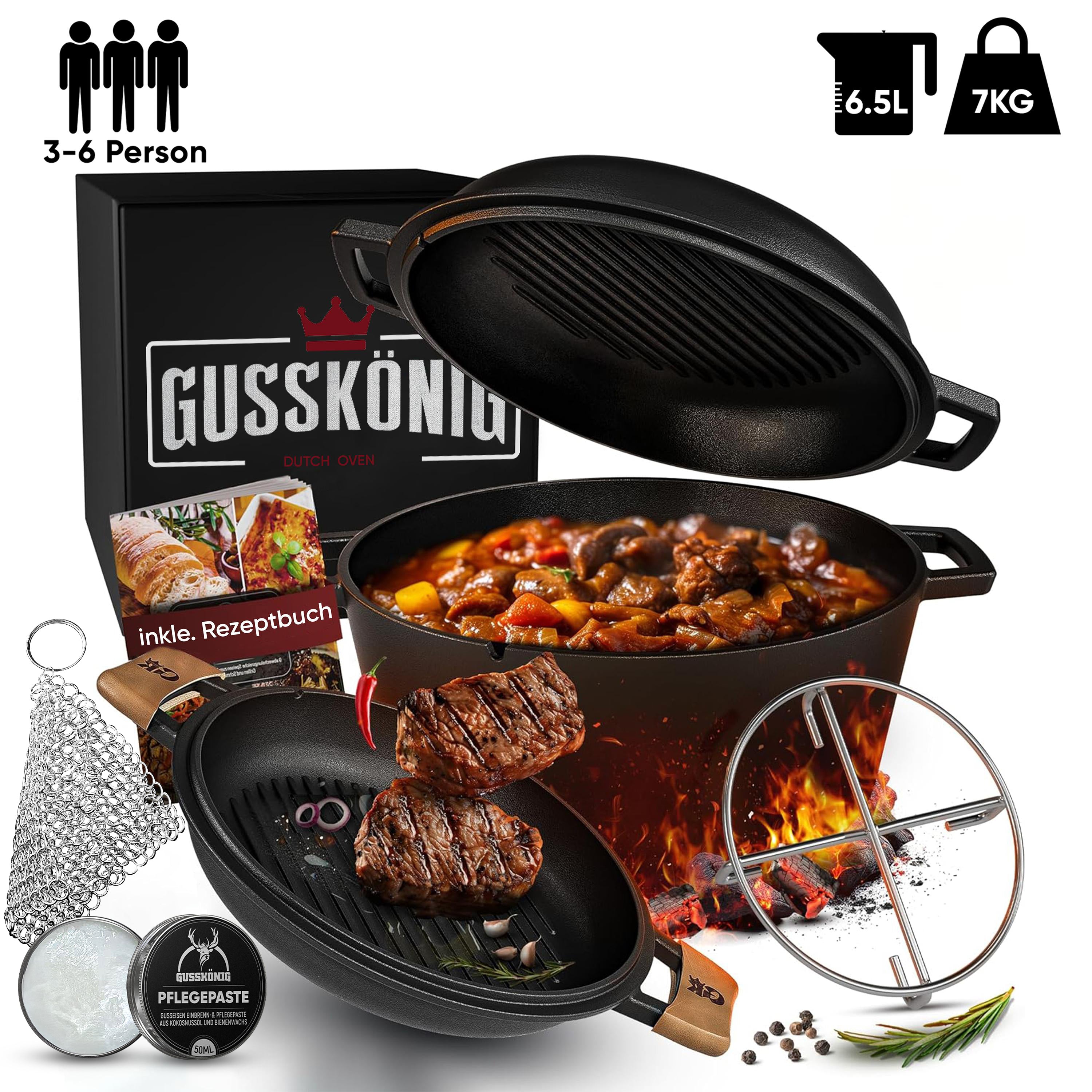 2in1 Dutch Oven Set – Gusseisen Topf 4,8L & Gusspfanne 1,8L – inkl. Ringreiniger + Pflegepaste + Untersetzer + Echtleder-Griffe + Gebrauchsanweisung – Schmortopf Doppelfunktion [für 3-6 Personen]
