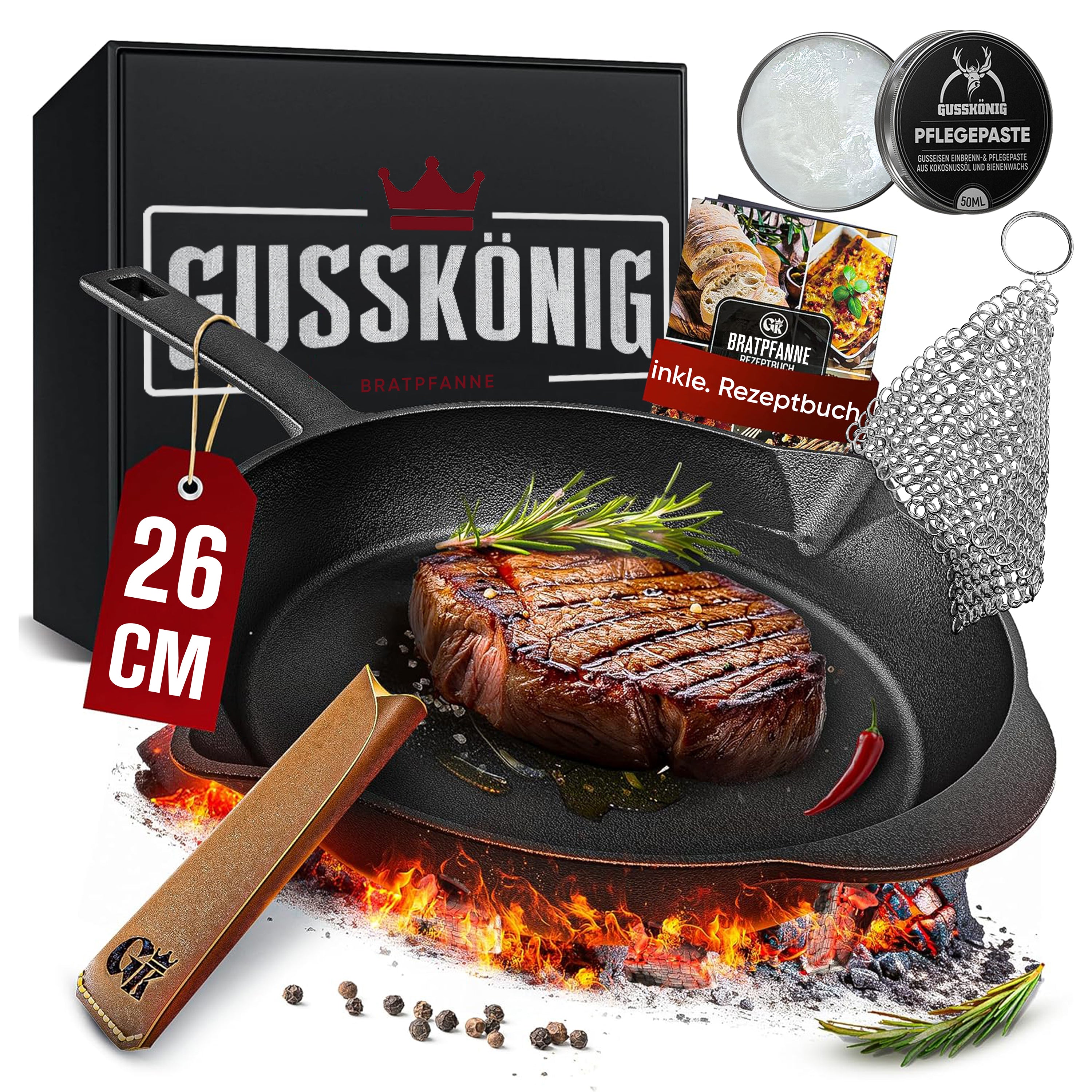 Eingebrannte Gusseisenpfanne 26cm – inkl. Ringreinige + Pflegepaste + Griffschutz aus echtem Leder + Rezeptbuch + Gebrauchsanweisung