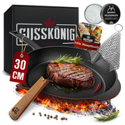 Eingebrannte Gusseisenpfanne 30cm – inkl. Ringreinige + Pflegepaste + Griffschutz aus echtem Leder + Rezeptbuch + Gebrauchsanweisung