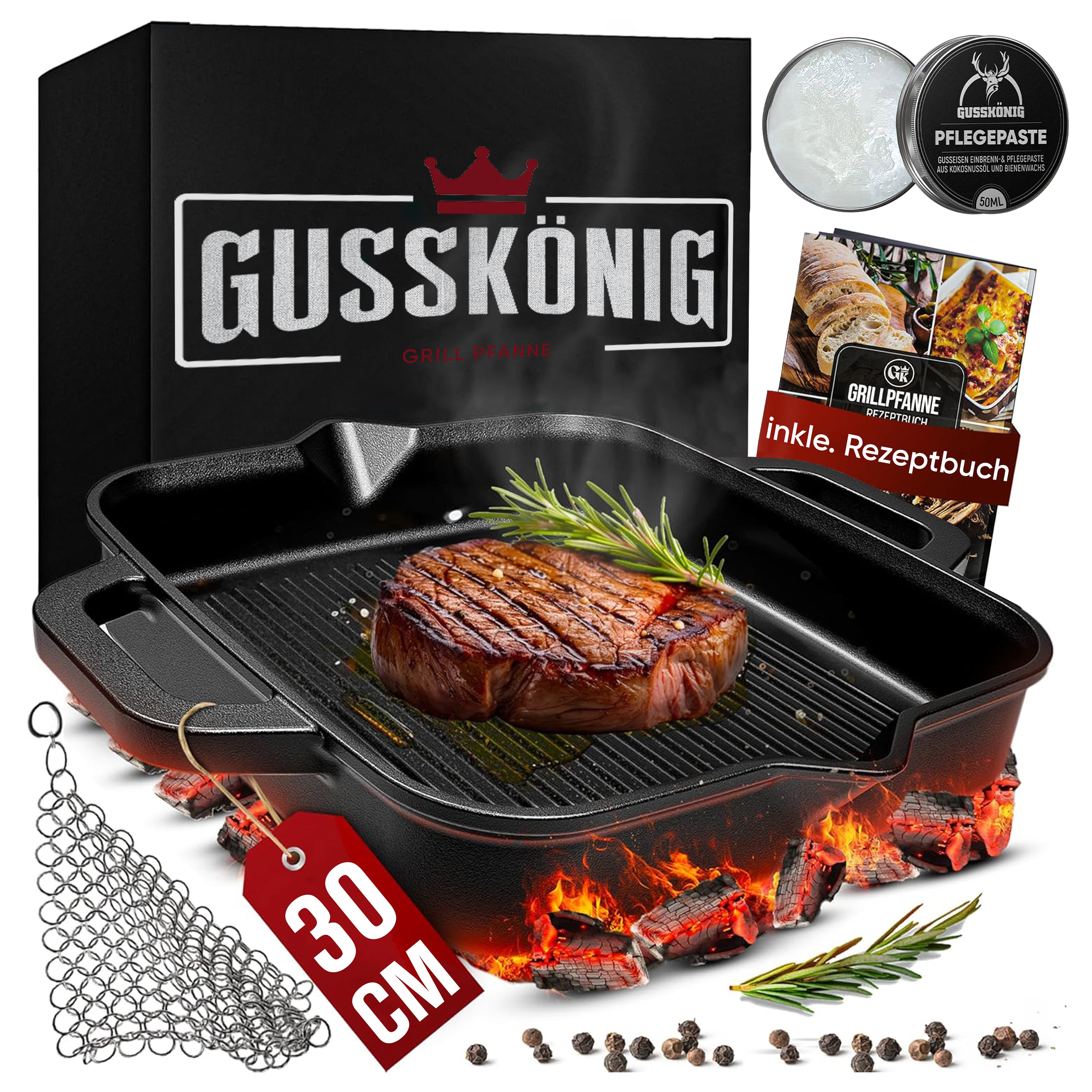 Eingebrannte Grillpfanne 30cm – inkl. Pflegepaste + Ringreiniger + Rezeptbuch + Gebrauchsanweisung
