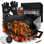 Eingebrannte Wok Pfanne 36cm –  inkl. Pflegepaste + Ringreiniger + Grillhandschuhe + Rezeptbuch + Gebrauchsanweisung