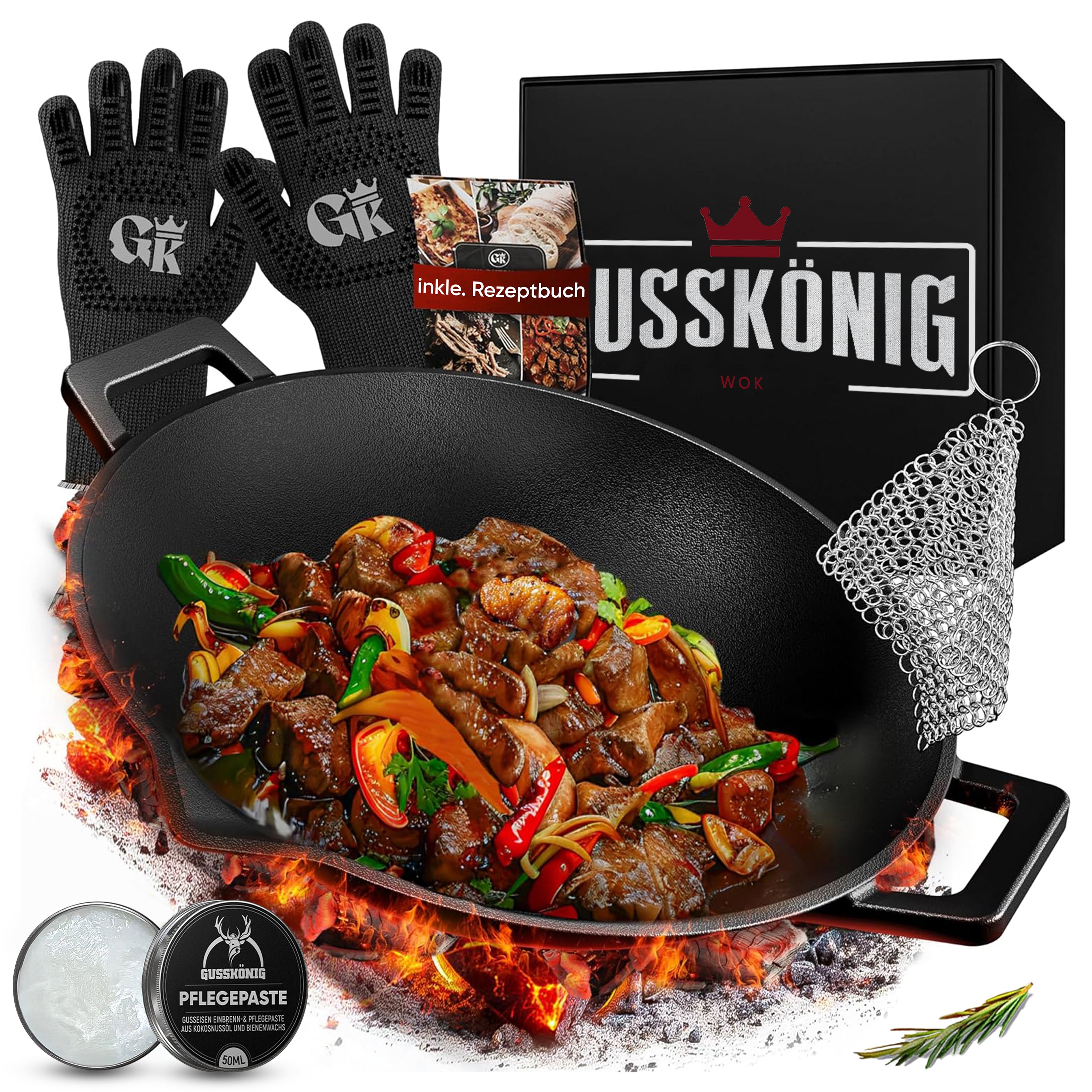 Eingebrannte Wok Pfanne 36cm –  inkl. Pflegepaste + Ringreiniger + Grillhandschuhe + Rezeptbuch + Gebrauchsanweisung