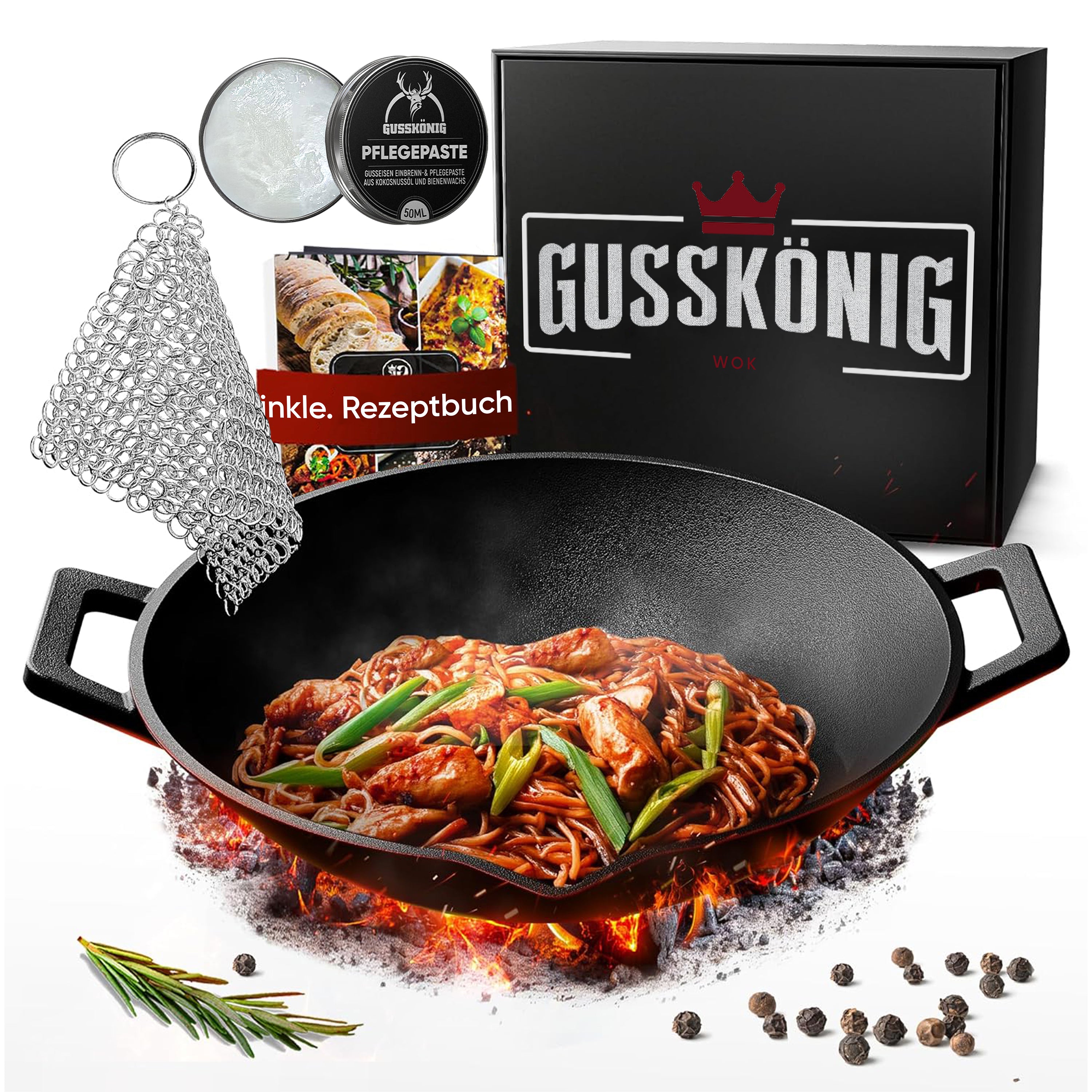 Eingebrannte Wok Pfanne 36cm –  inkl. Pflegepaste + Ringreiniger + Grillhandschuhe + Rezeptbuch + Gebrauchsanweisung