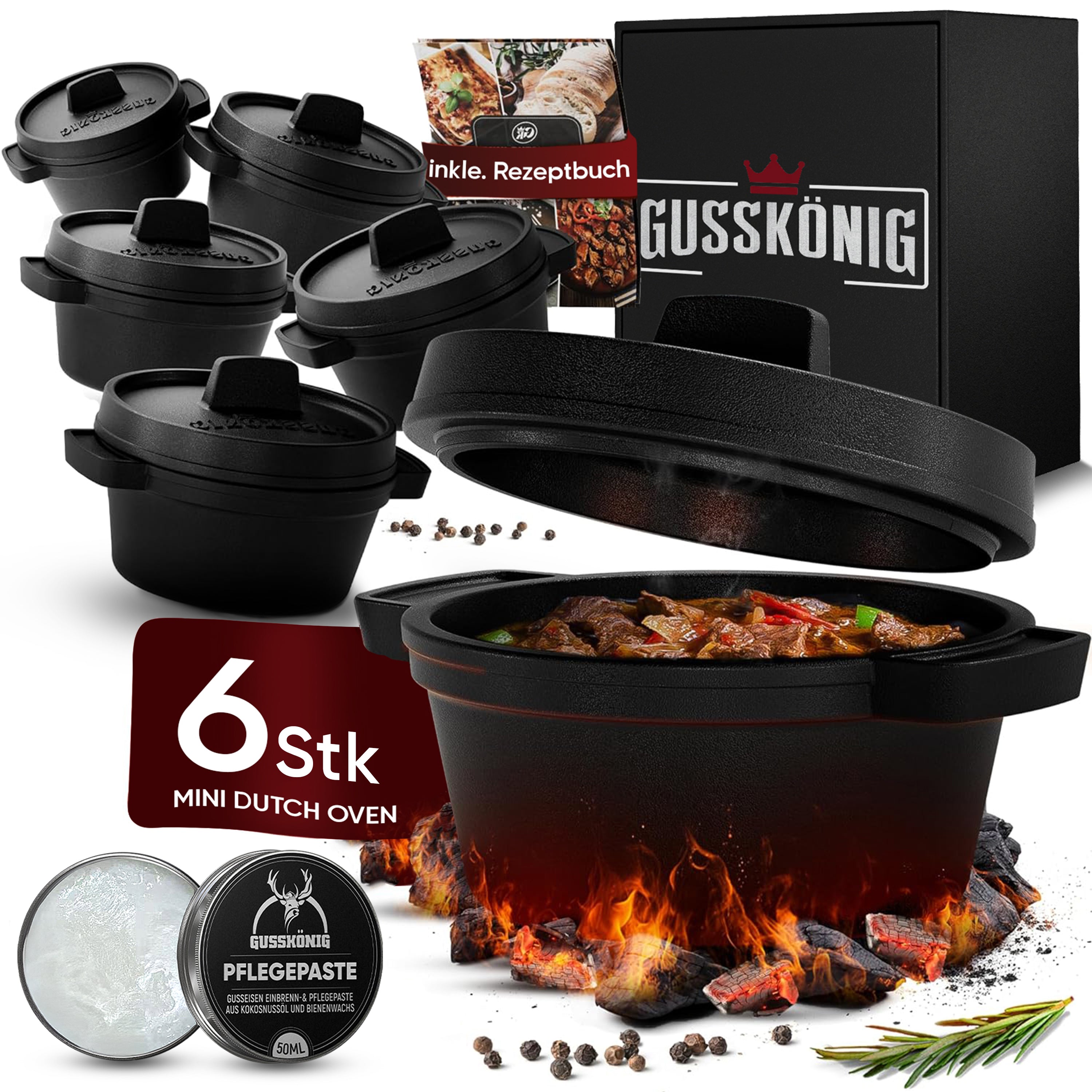 Eingebrannter 6× 300ml Mini Dutch Oven Set – inkl. Pflegepaste + Rezeptbuch + Gebrauchsanweisung