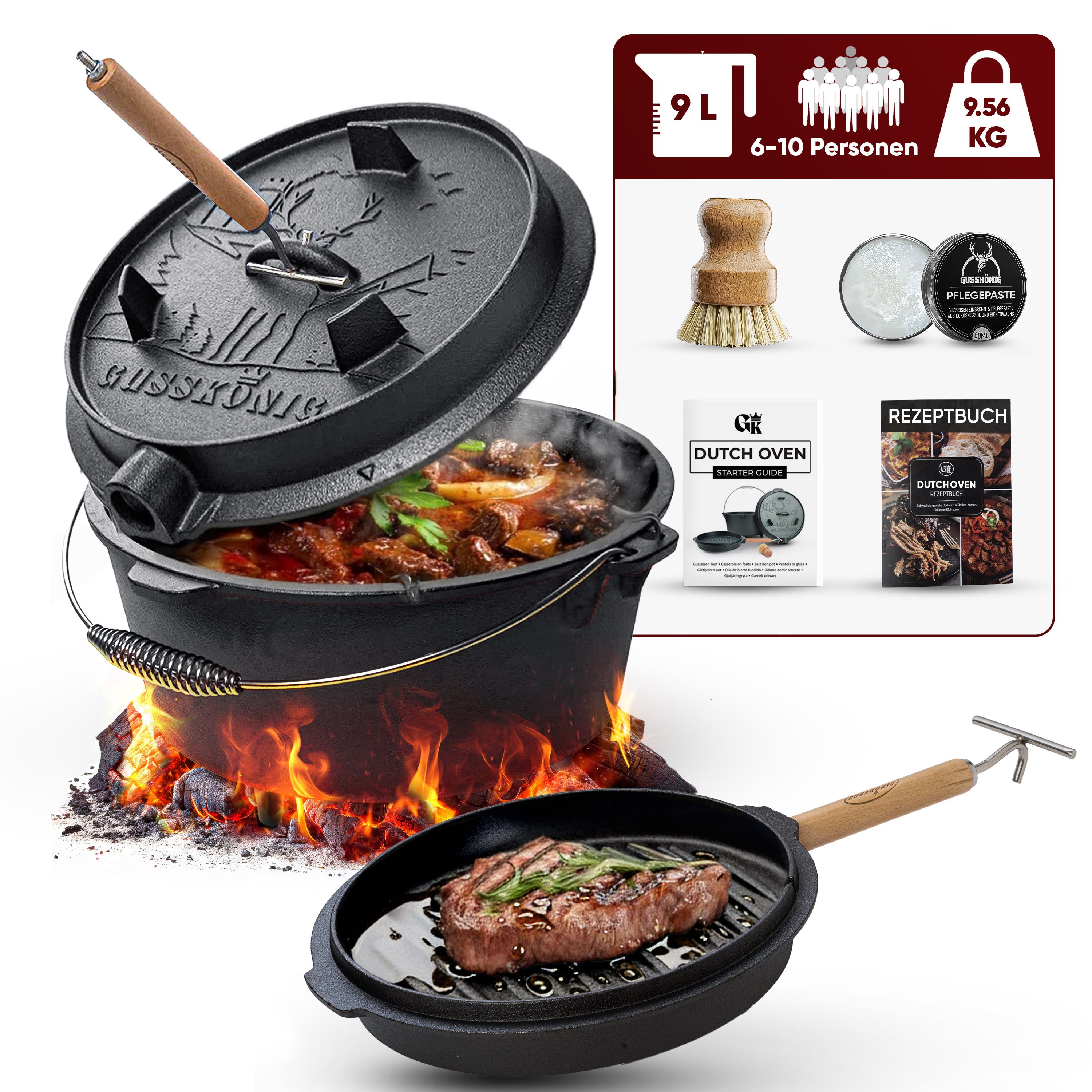 9 L ohne Füße Eingebrannter Dutch Oven Set – inkl. 2in1 Deckelheber + Untersetzer + Bürste + Pflegepaste + Rezeptbuch + Gebrauchsanweisung  – Schmortopf Doppelfunktion
