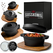 Eingebrannter 4× 300ml Mini Dutch Oven Set mit Holz-Untersetzer – inkl. Pflegepaste + Rezeptbuch + Gebrauchsanweisung