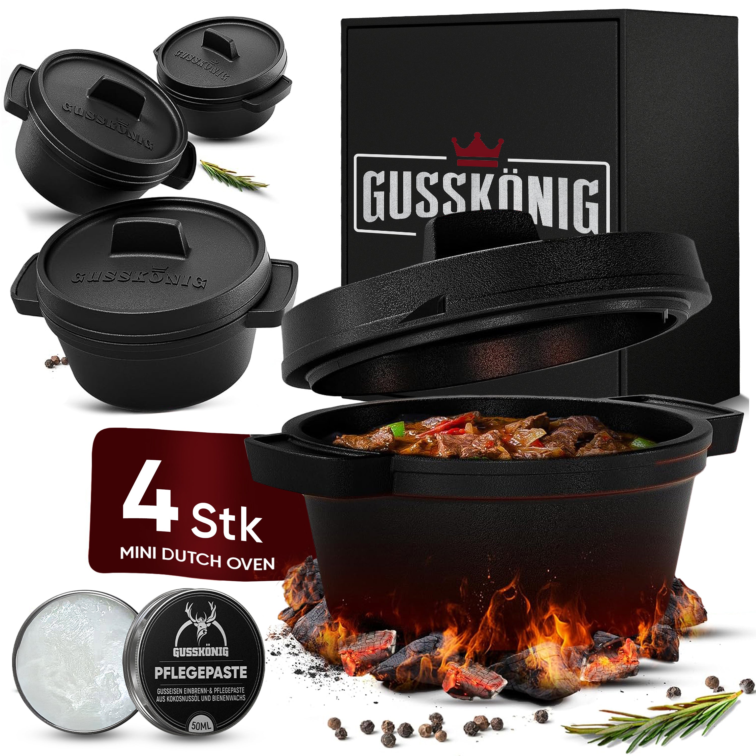Eingebrannter 4× 300ml Mini Dutch Oven Set – inkl. Pflegepaste + Rezeptbuch + Gebrauchsanweisung