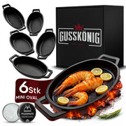Eingebrannte oval Mini Gusseisen-pfanne 6x Ø 11.7cm– inkl. Pflegepaste + Rezeptbuch + Gebrauchsanweisung