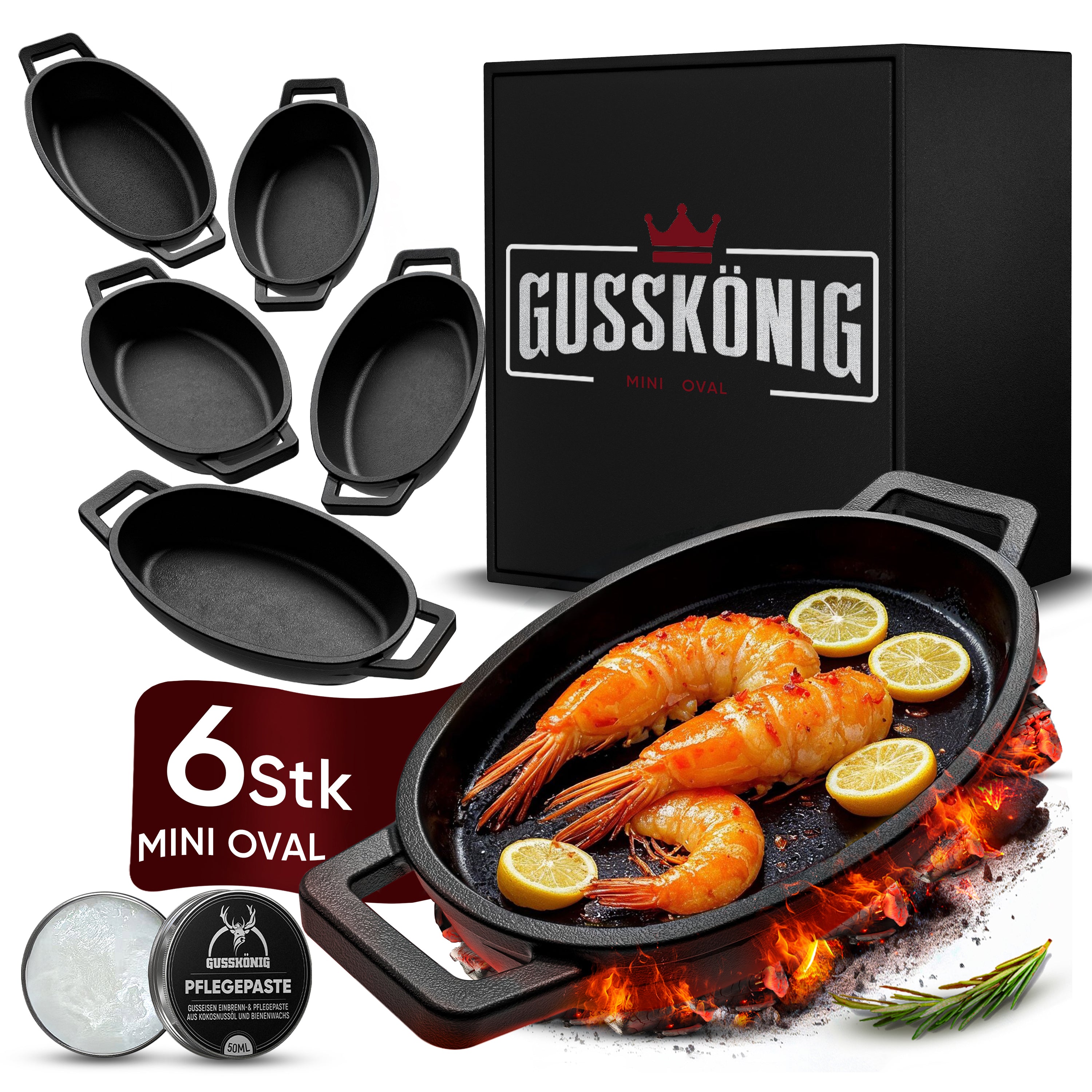 Eingebrannte oval Mini Gusseisen-pfanne 6x Ø 11.7cm– inkl. Pflegepaste + Rezeptbuch + Gebrauchsanweisung