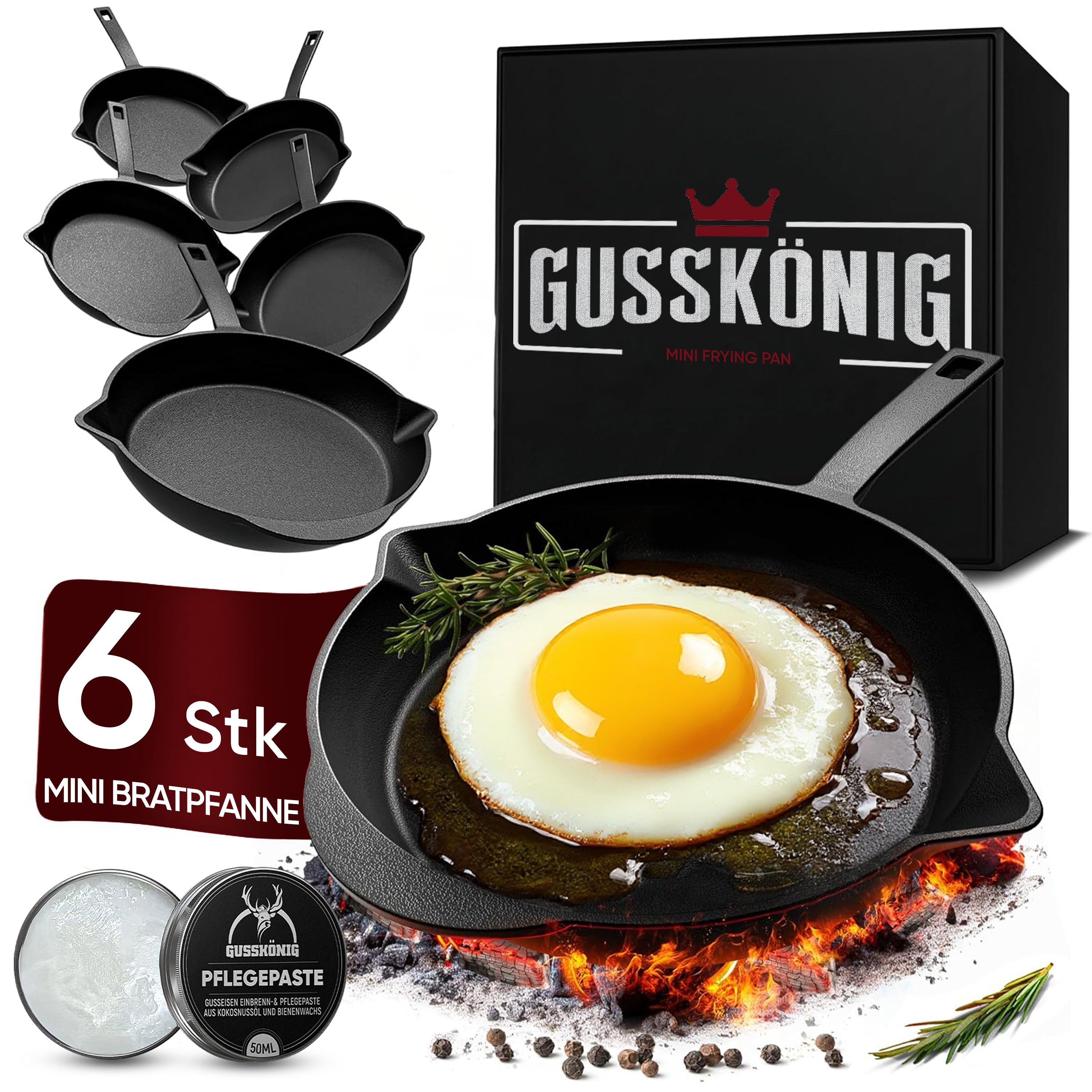 Eingebrannte Mini Gusseisen-Bratpfanne 6x Ø 13,7cm– inkl. Pflegepaste + Rezeptbuch + Gebrauchsanweisung
