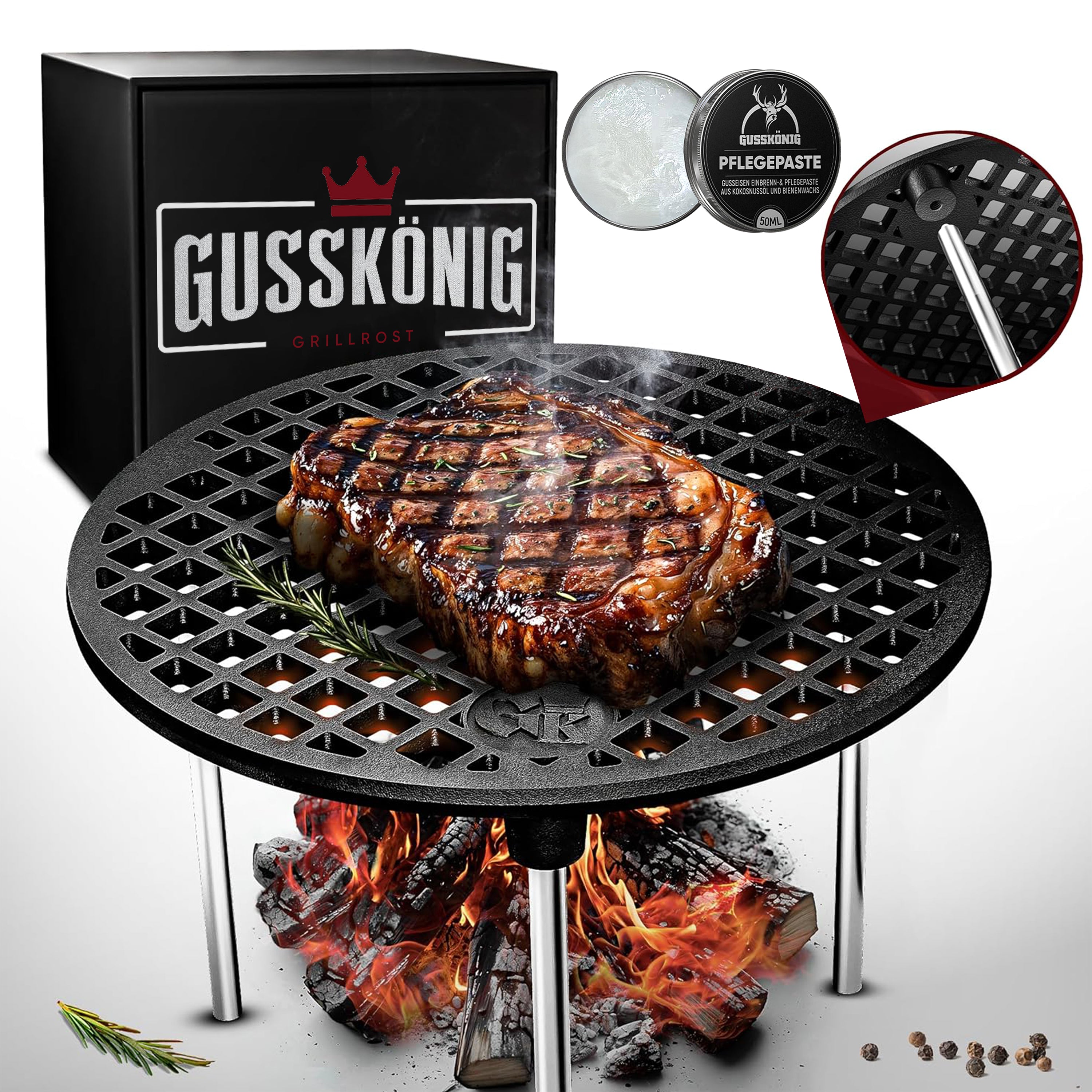 Eingebrannter Grillrost 20cm mit Beinen – inkl. Pflegepaste + Rezeptbuch + Gebrauchsanweisung