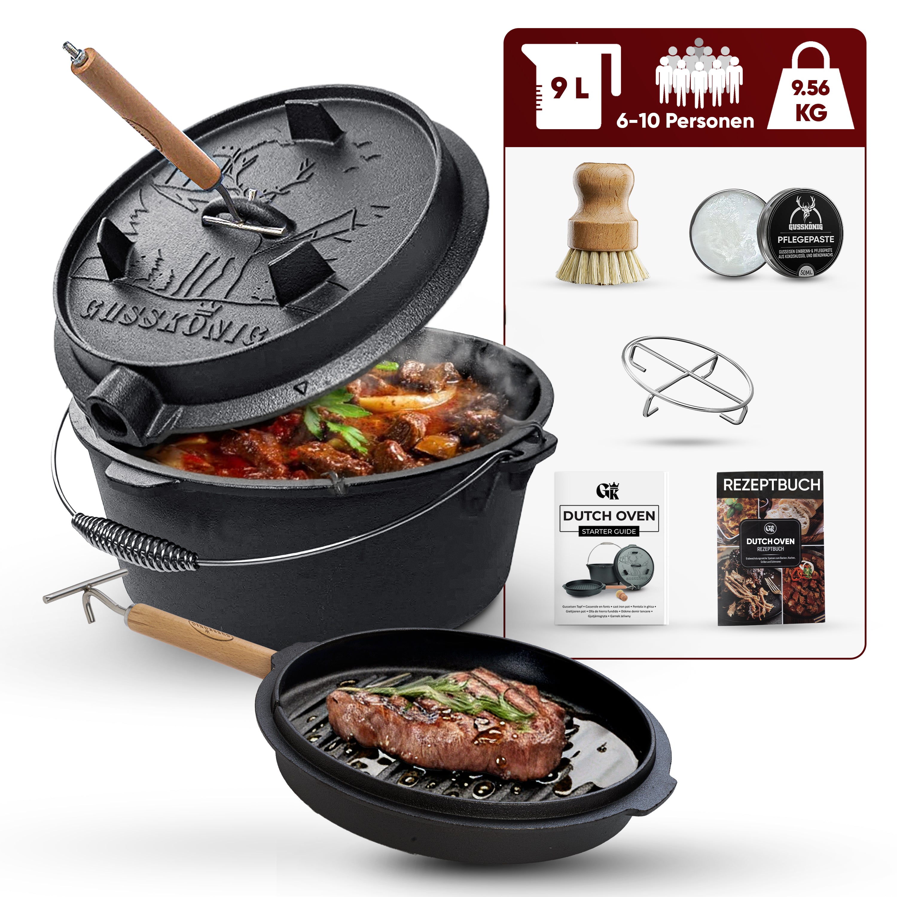 9 L ohne Füße Eingebrannter Dutch Oven Set – inkl. 2in1 Deckelheber + Untersetzer + Bürste + Pflegepaste + Rezeptbuch + Gebrauchsanweisung  – Schmortopf Doppelfunktion