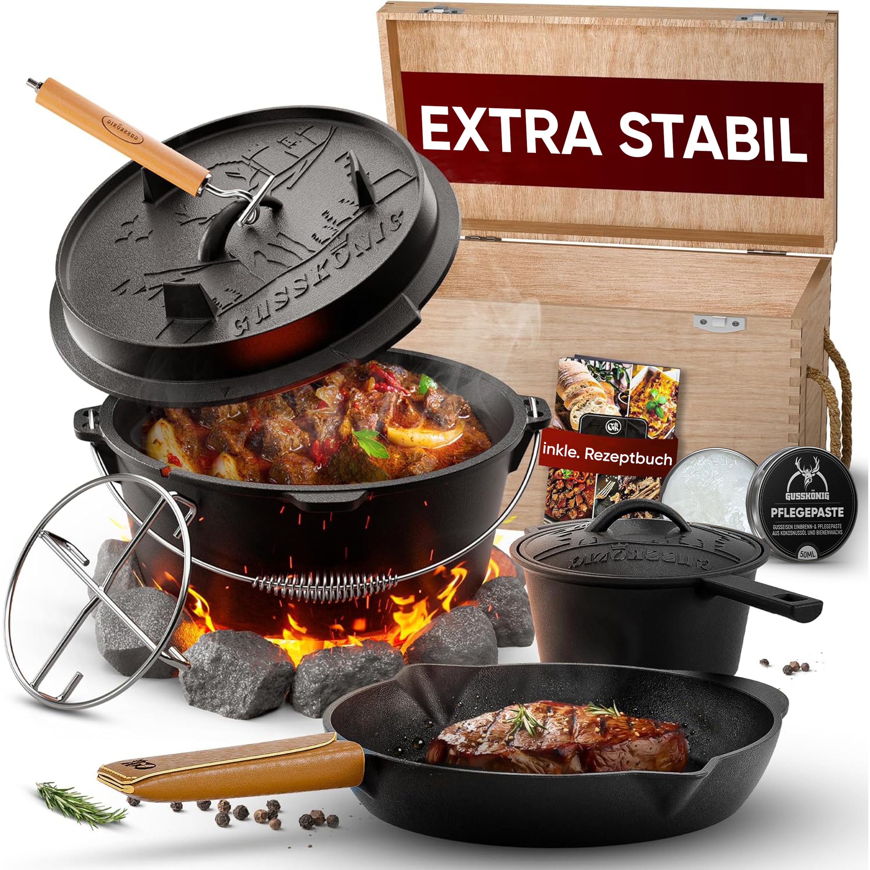 Eingebrannter Holz-Set 9-teilig – Dutch oven in Holzbox mit Bratpfanne + robustem Saucentopf + Untersetzer + 2in1 Deckelheber – inkl. Echtleder + Griffschutz +  Pflegepaste + Rezeptbuch + Gebrauchsanweisung