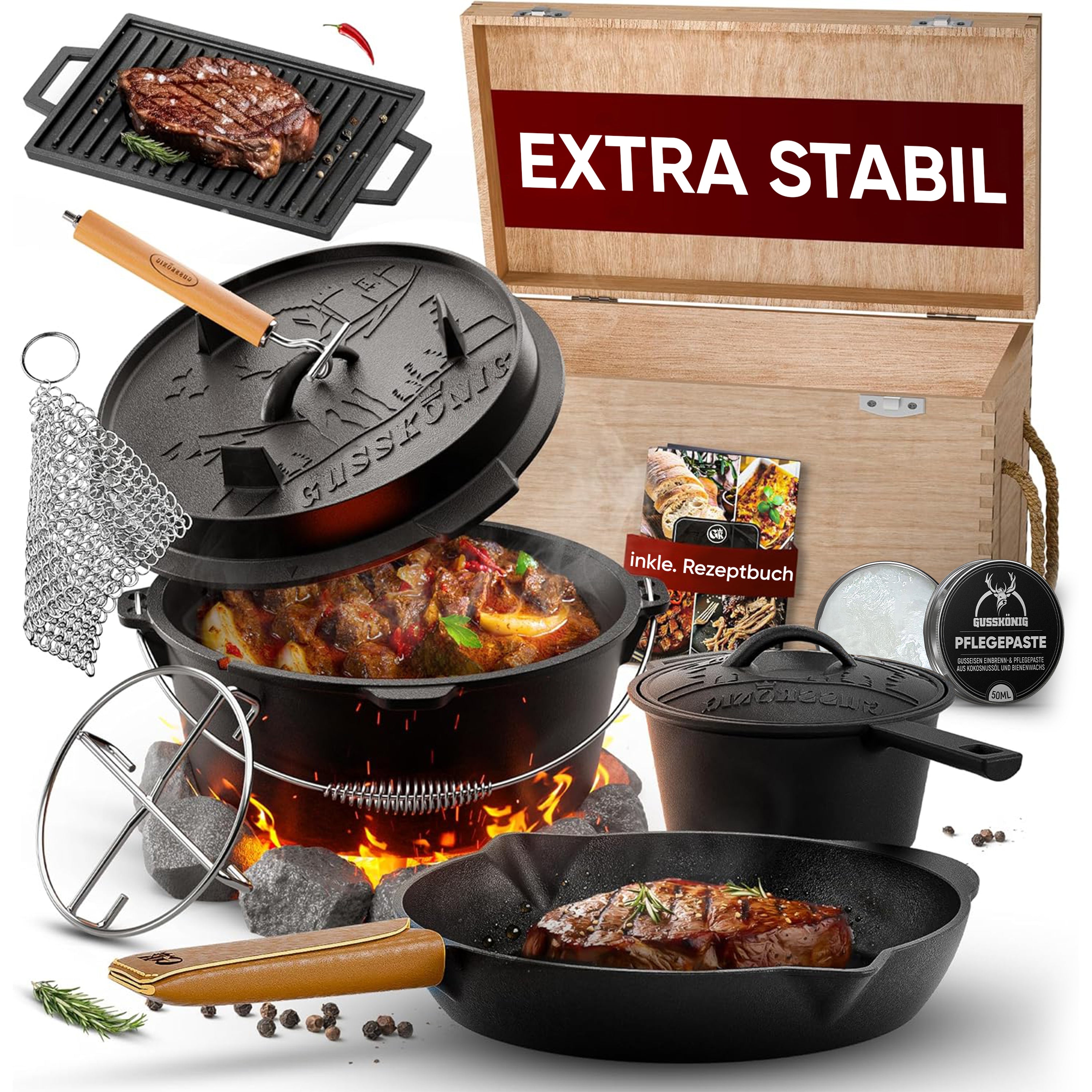 Eingebrannter Holz-Set 11-teilig – Dutch Oven in Holzbox mit Bratpfanne + robustem Saucentopf + Grillplatte + Untersetzer + 2in1 Deckelheber + Ringreiniger + Griffschutz – inkl. Pflegepaste + Rezeptbuch + Gebrauchsanweisung