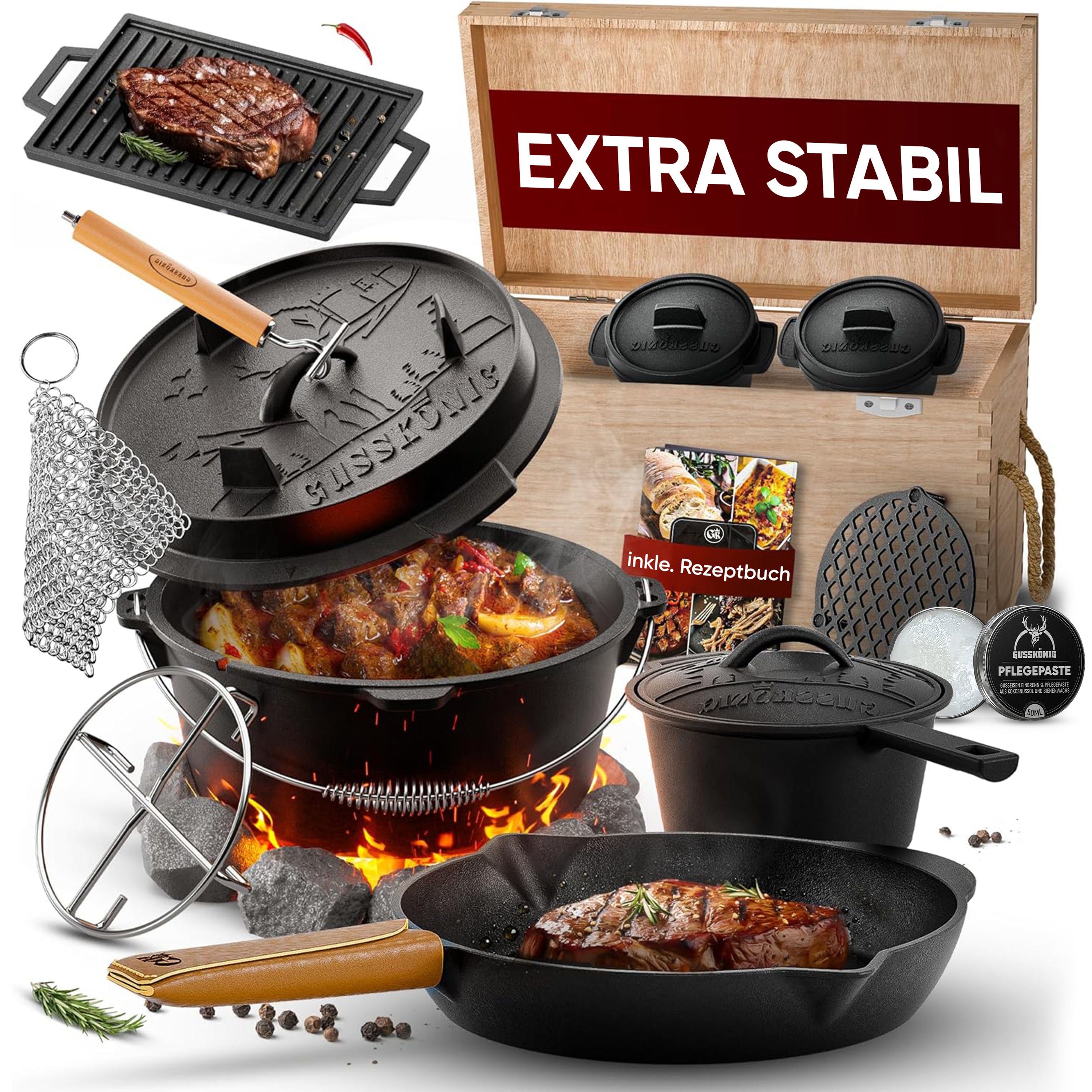Eingebrannter Holz-Set 14-teilig – Dutch Oven in Holzbox mit Bratpfanne + robustem Saucentopf + Grillplatte + 2 Stk Mini Dutch Oven + Untersetzer + 2in1 Deckelheber + Ringreiniger + Stapelrost + Griffschutz – inkl. Pflegepaste + Rezeptbuch