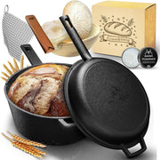 Eingebrannter Gusseisen 4,8L Topf & 1,8L Pfanne zum Brotbacken mit Deckel – inkl. Gärkörbchen + Echtleder-Griffe + Pflegepaste +  Rezeptbuch + Gebrauchsanweisung