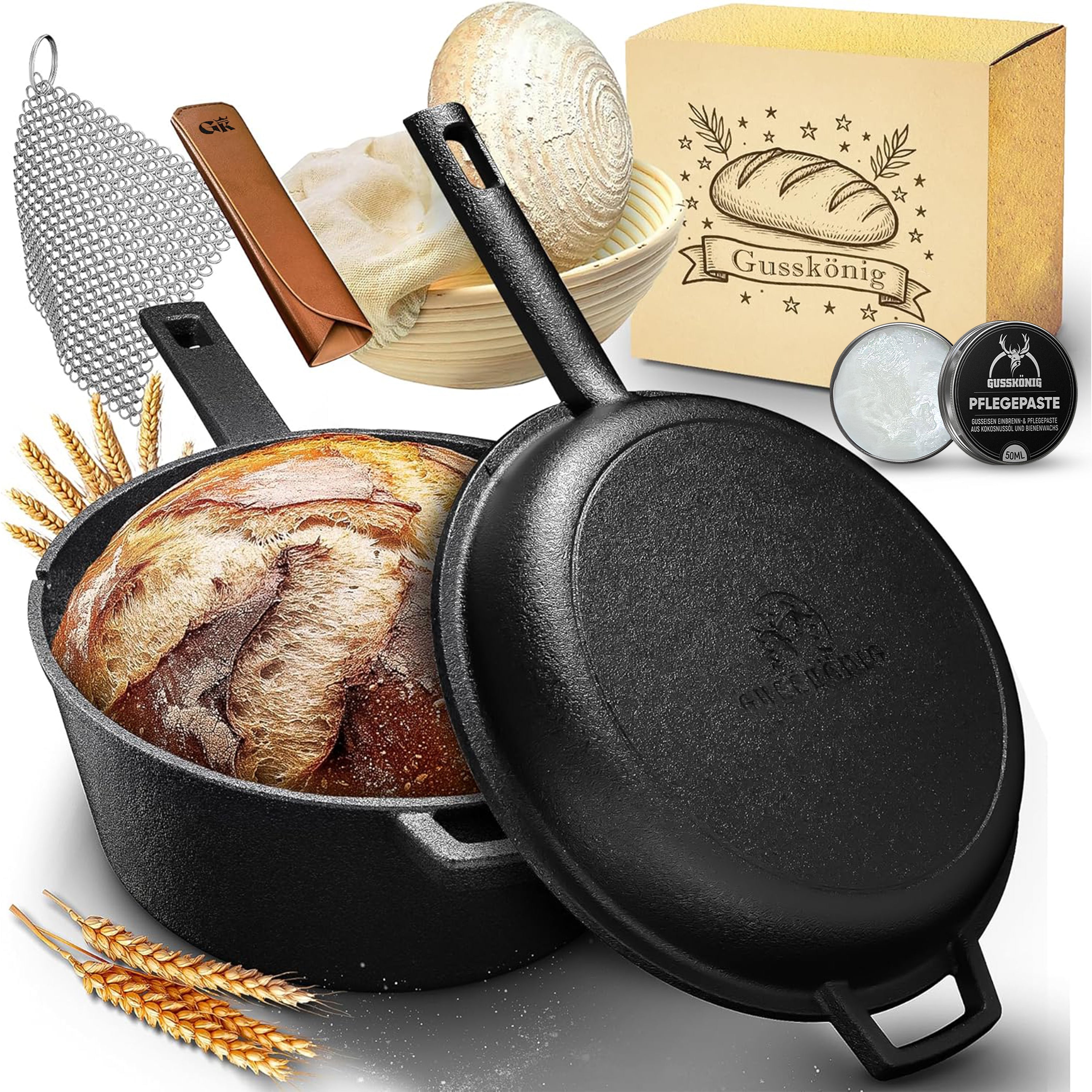 Eingebrannter Gusseisen 4,8L Topf & 1,8L Pfanne zum Brotbacken mit Deckel – inkl. Gärkörbchen + Echtleder-Griffe + Pflegepaste +  Rezeptbuch + Gebrauchsanweisung