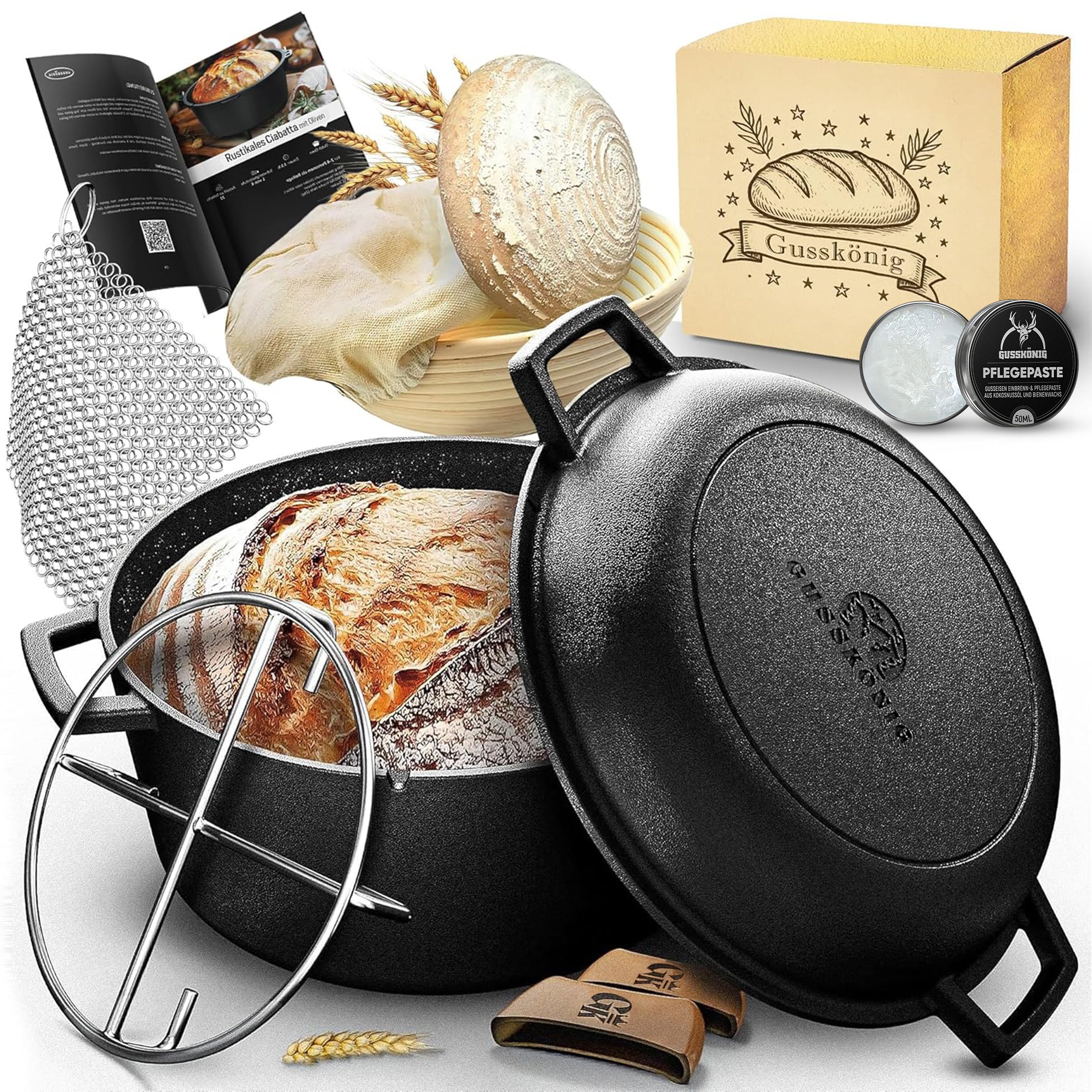 Eingebrannter Gusseisen 4,8L Topf & 1,8L Pfanne zum Brotbacken mit Deckel – inkl. Gärkörbchen + Echtleder-Griffe + Pflegepaste +  Rezeptbuch + Gebrauchsanweisung
