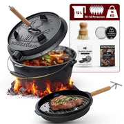12 L mit Füße Eingebrannter Dutch Oven Set  – inkl. 2in1 Deckelheber + Bürste + Pflegepaste + Rezeptbuch + Gebrauchsanweisung – Schmortopf Doppelfunktion [für 10-16 Personen]
