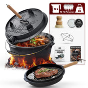 12 L ohne Füße Eingebrannter Dutch Oven Set – inkl. 2in1 Deckelheber + Untersetzer + Bürste + Pflegepaste + Rezeptbuch + Gebrauchsanweisung – Schmortopf Doppelfunktion  [für 10-16 Personen]