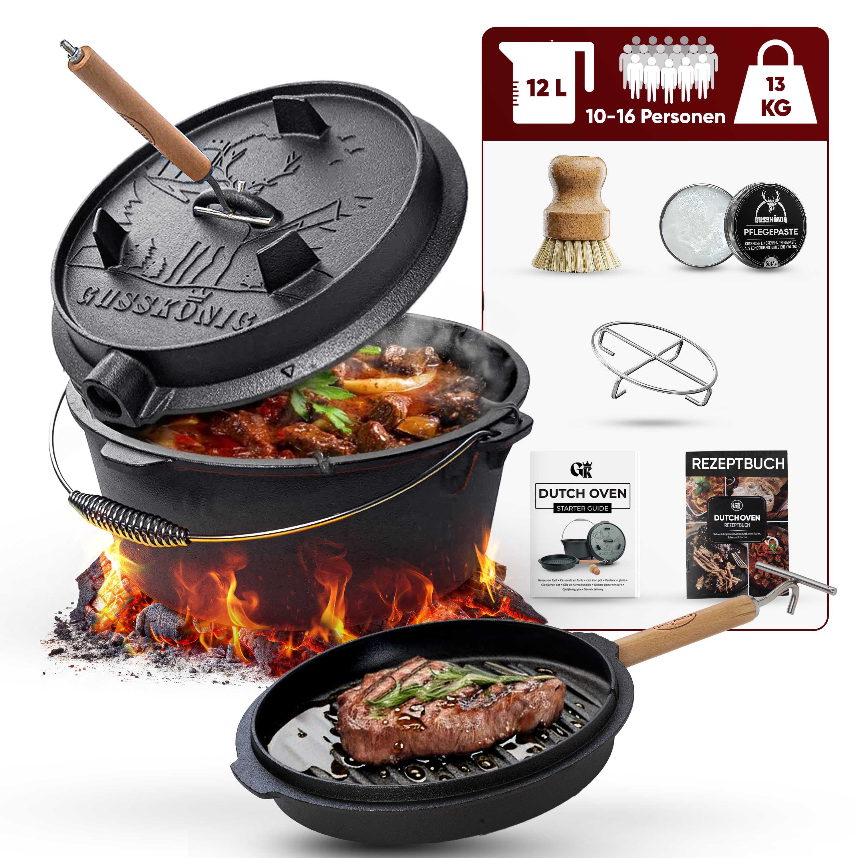 12 L ohne Füße Eingebrannter Dutch Oven Set – inkl. 2in1 Deckelheber + Untersetzer + Bürste + Pflegepaste + Rezeptbuch + Gebrauchsanweisung – Schmortopf Doppelfunktion  [für 10-16 Personen]