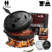 4,5 L mit Füße Klassisch Dutch Oven Set – inkl. Deckelheber + Pflegepaste + Rezeptbuch + Gebrauchsanweisung – Schmortopf Doppelfunktion [für 2–4 Personen]