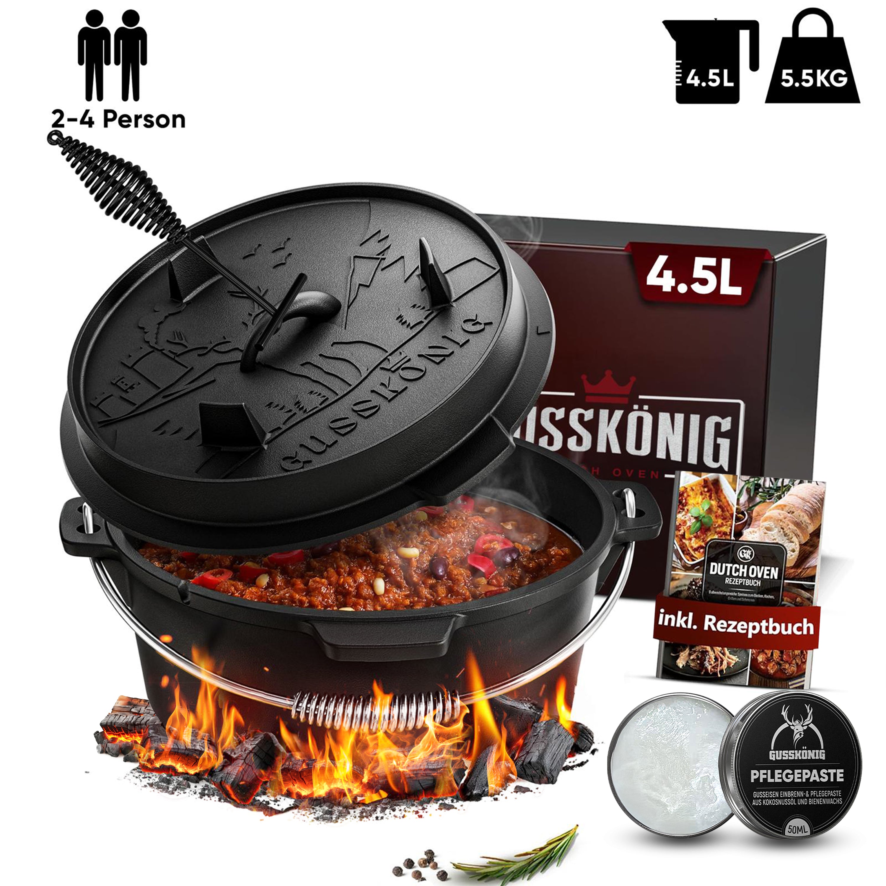 4,5 L mit Füße Klassisch Dutch Oven Set – inkl. Deckelheber + Pflegepaste + Rezeptbuch + Gebrauchsanweisung – Schmortopf Doppelfunktion [für 2–4 Personen]