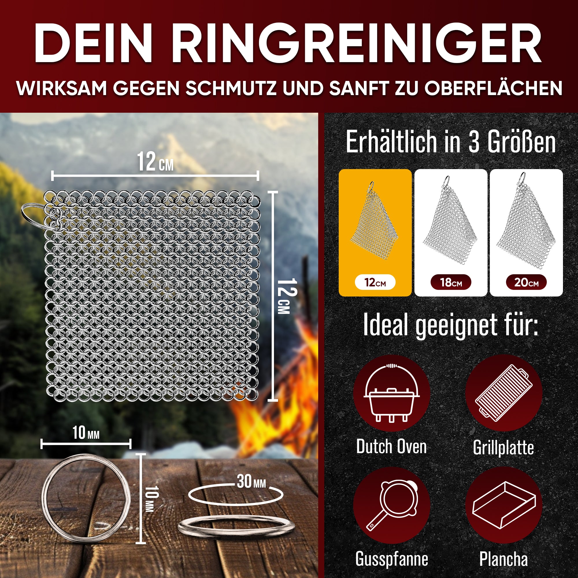 Gusseisen Ringreiniger (Ring cleaner 12x12 cm)- Hochwertiger Edelstahl Ringreiniger für Effektive und schonende Reinigung von Gusseisenprodukten - Schützt Patina