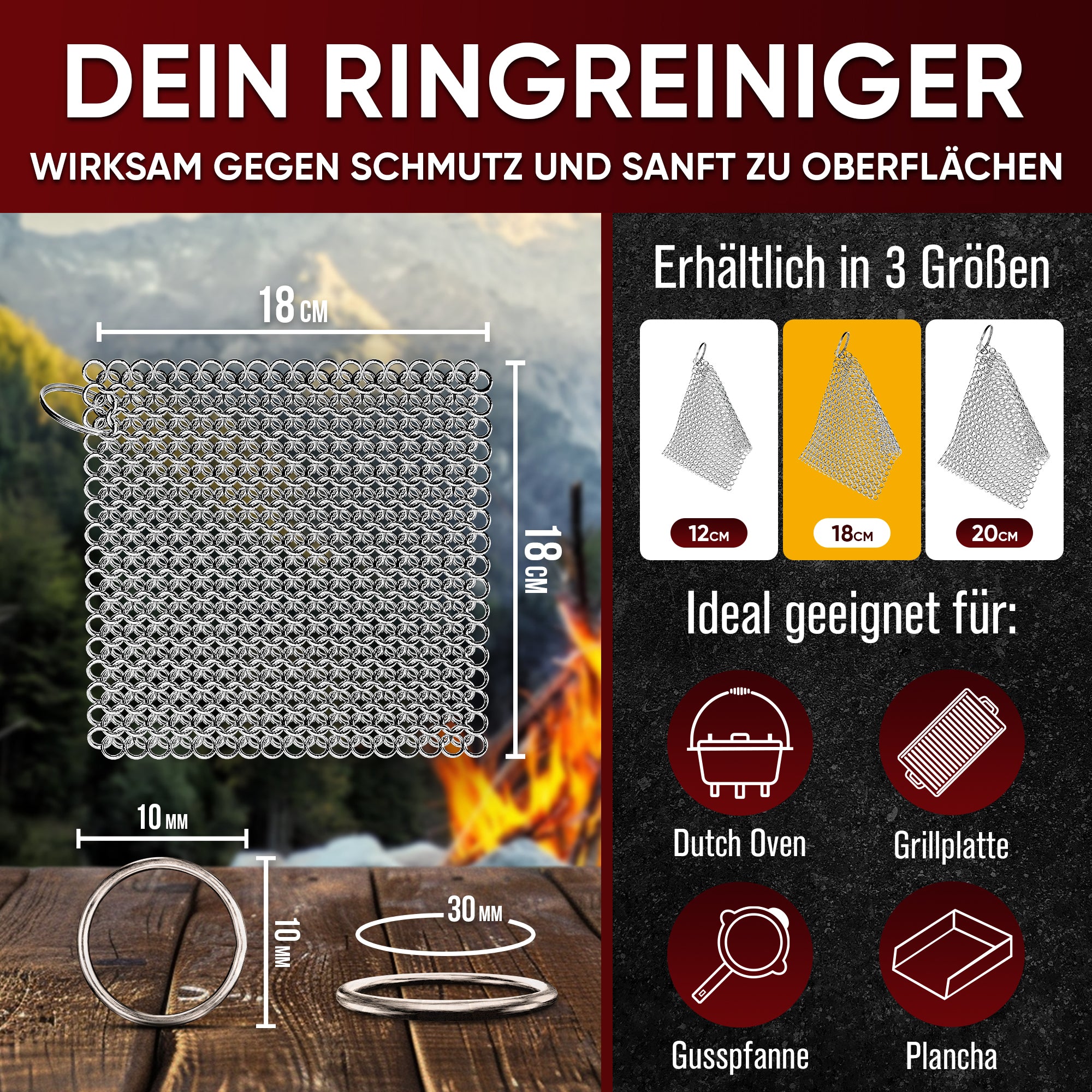 Gusseisen Ringreiniger (Ring cleaner18x18 cm)- Hochwertiger Edelstahl Ringreiniger für Effektive und schonende Reinigung von Gusseisenprodukten - Schützt Patina