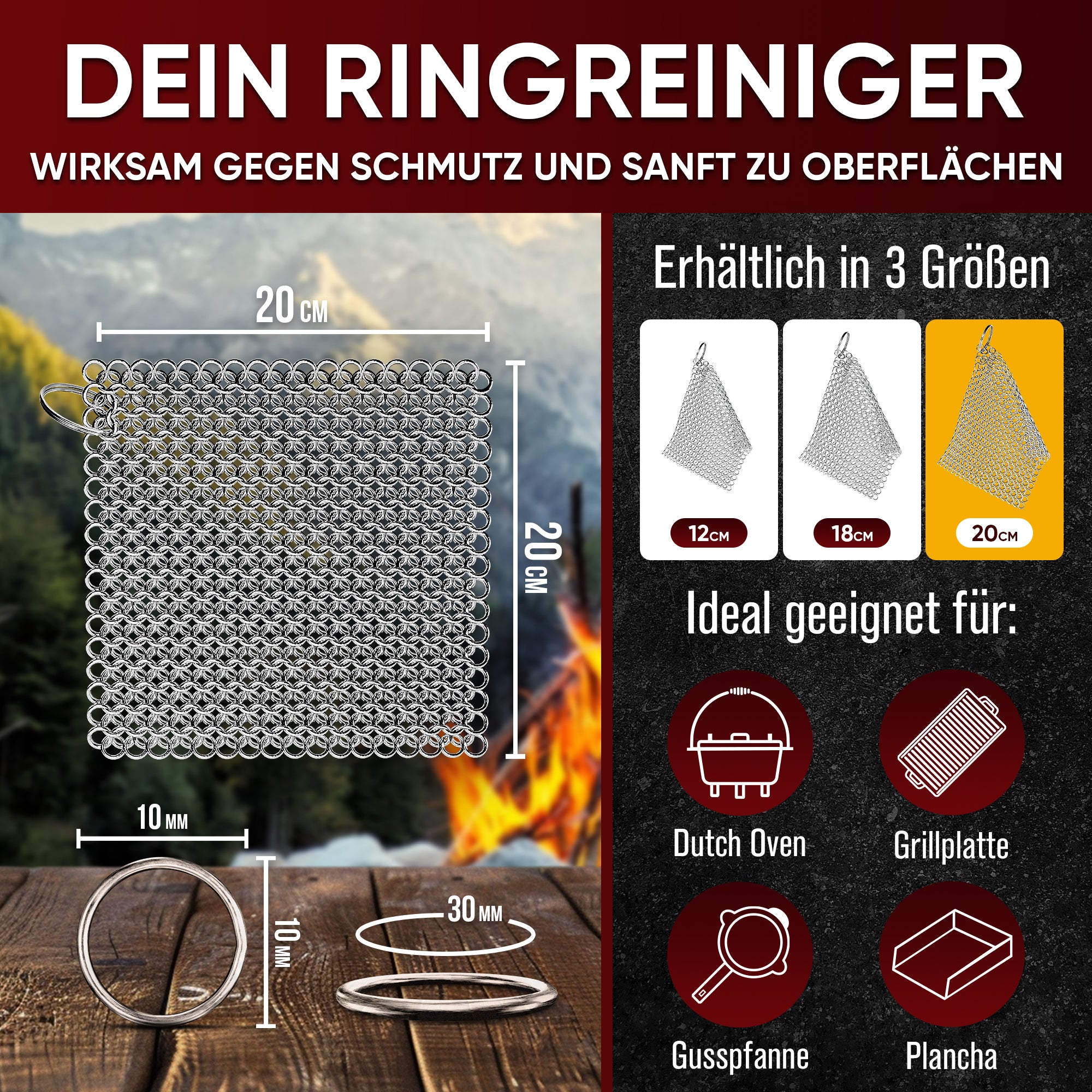 Gusseisen Ringreiniger (Rnig cleaner 20x20 cm)- Hochwertiger Edelstahl Ringreiniger für Effektive und schonende Reinigung von Gusseisenprodukten - Schützt Patina