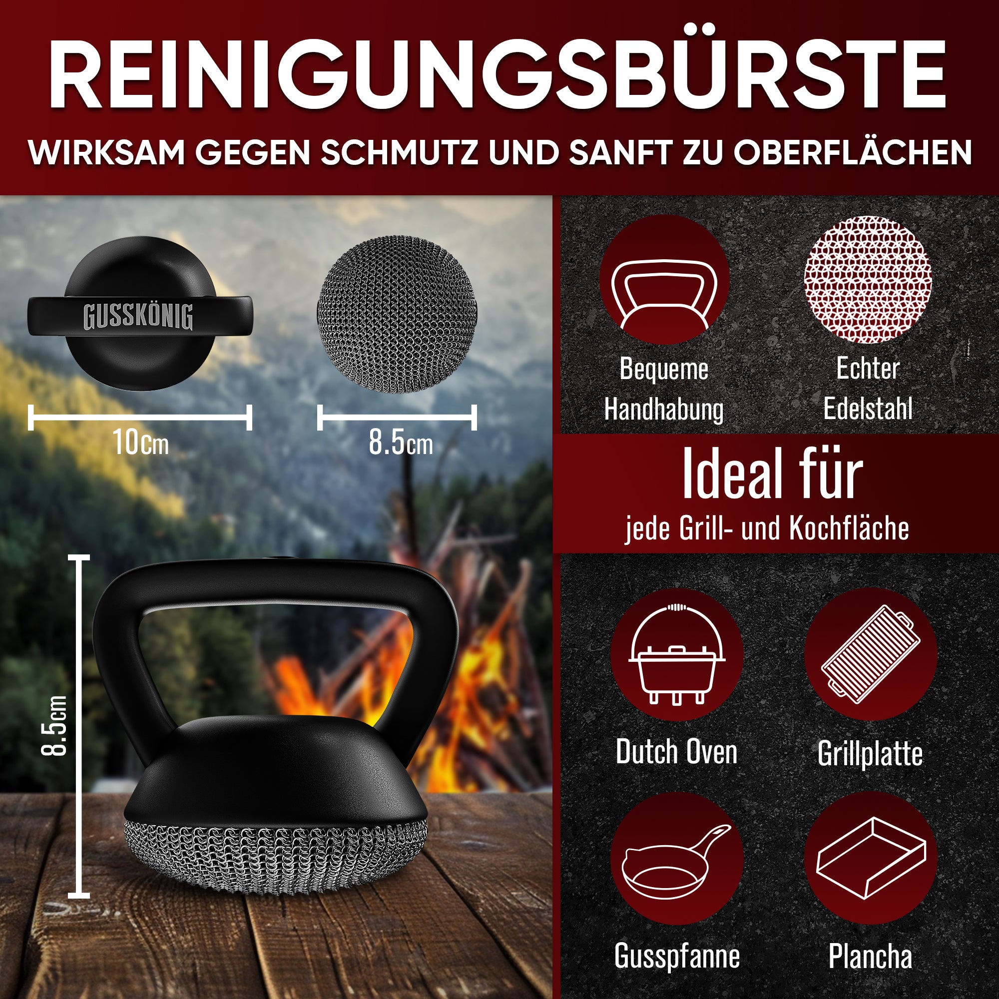 Gusseisen Ringreiniger- Hochwertiger Edelstahl Ringreiniger für Effektive und schonende Reinigung von Gusseisenprodukten - Schützt Patina (Ringreiniger mit Silikongriff)