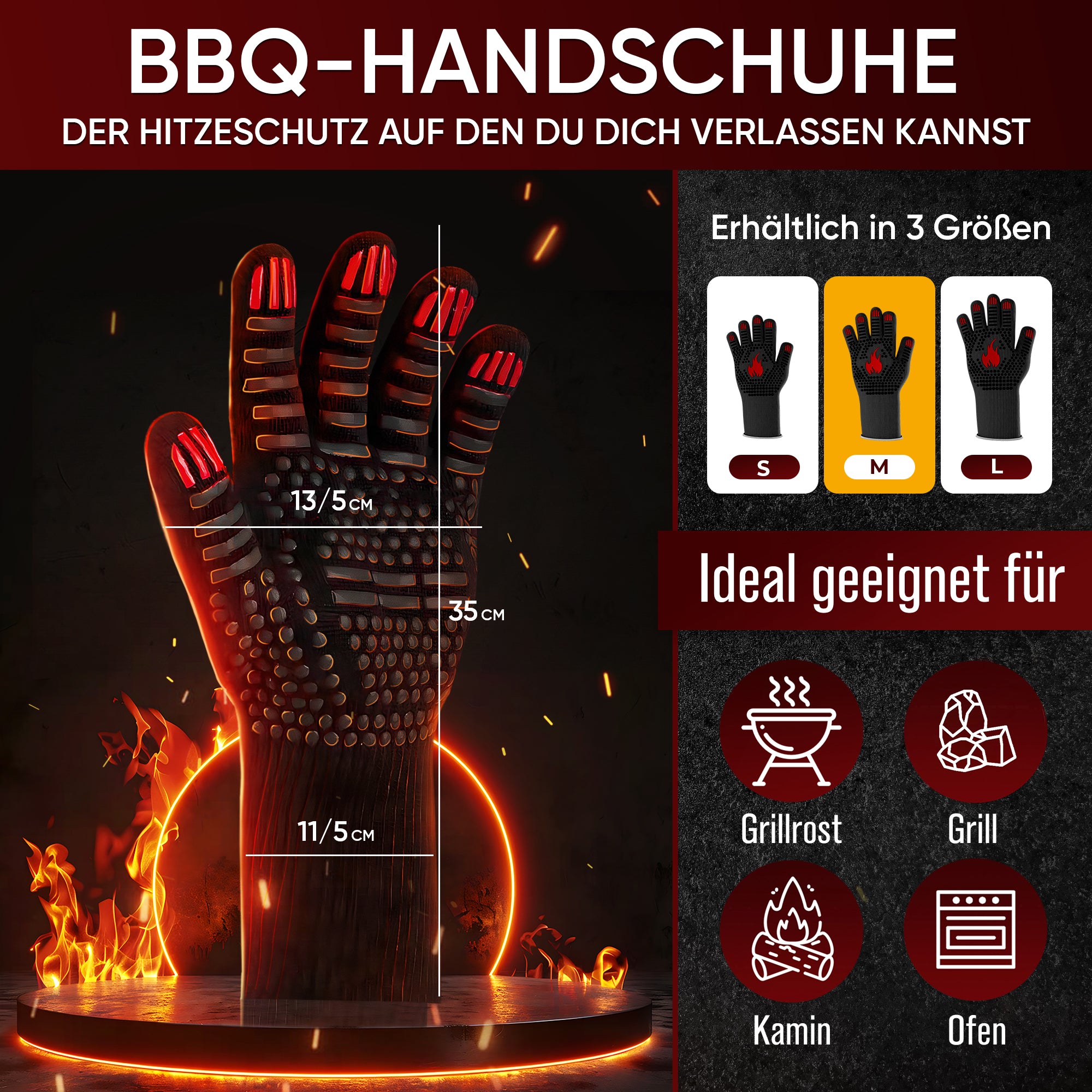 Grillhandschuhe hitzebeständig bis 800 Grad (M) - feuerfeste Handschuhe aus Aramid - Grillhandschuh Kochhandschuhe für Indoor&Outdoor Kochen