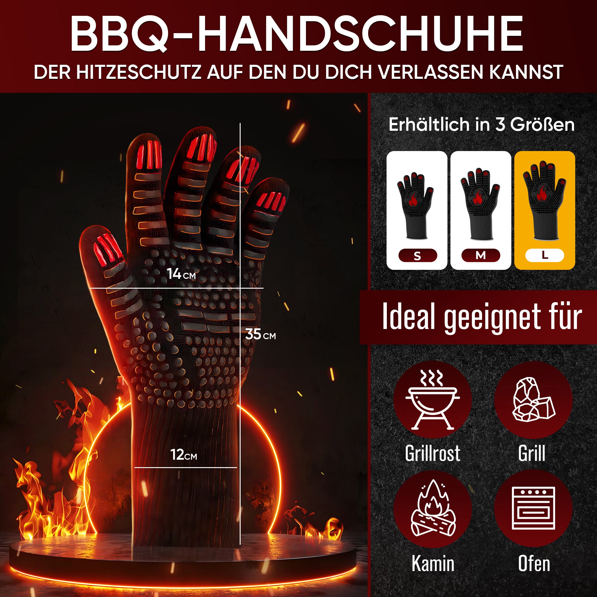 Grillhandschuhe hitzebeständig bis 800 Grad (L) - feuerfeste Handschuhe aus Aramid - Grillhandschuh Kochhandschuhe für Indoor&Outdoor Kochen
