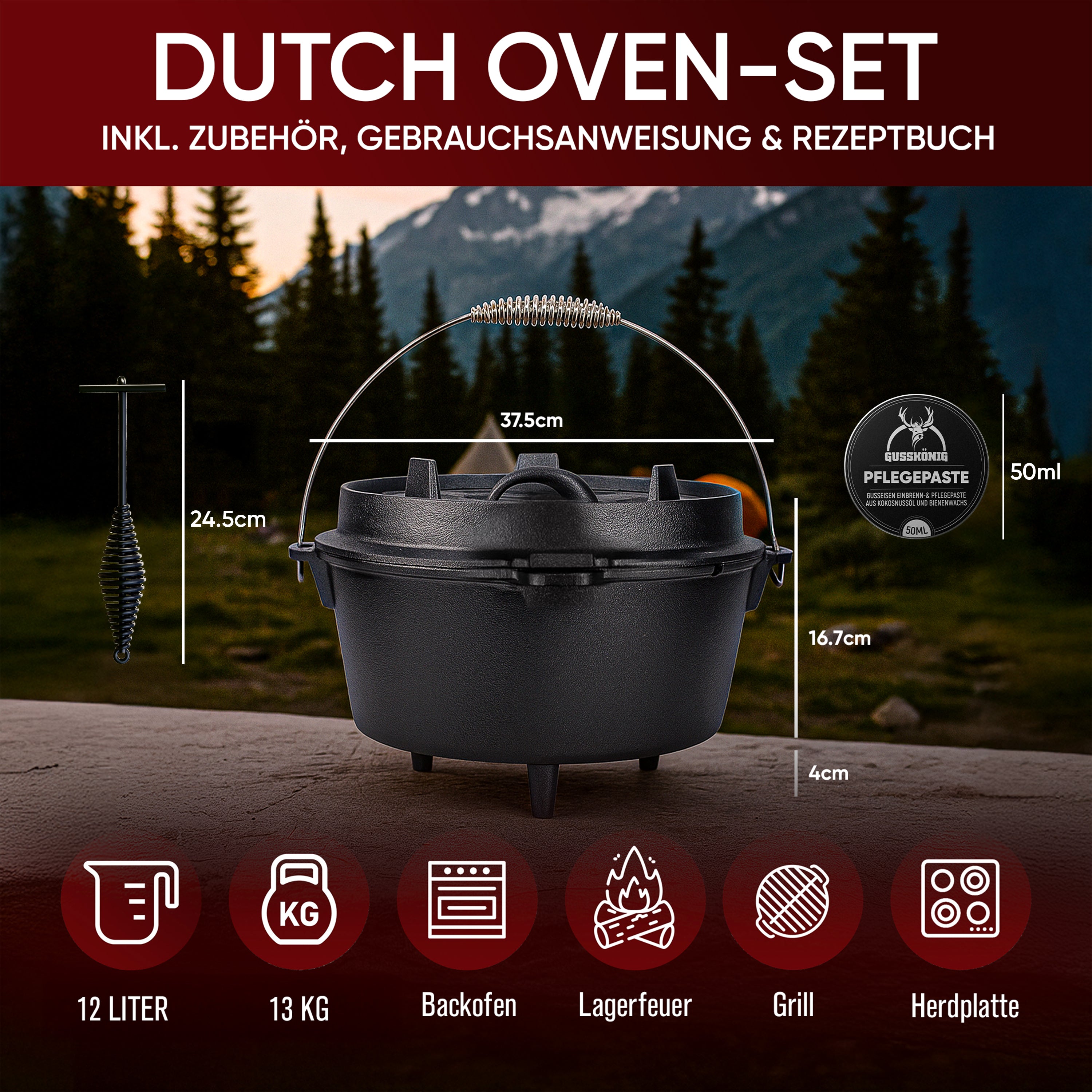 12 L mit Füße Klassisch Dutch Oven Set – inkl. Deckelheber + Pflegepaste + Rezeptbuch + Gebrauchsanweisung – Schmortopf Doppelfunktion [für 10 - 16 Personen]