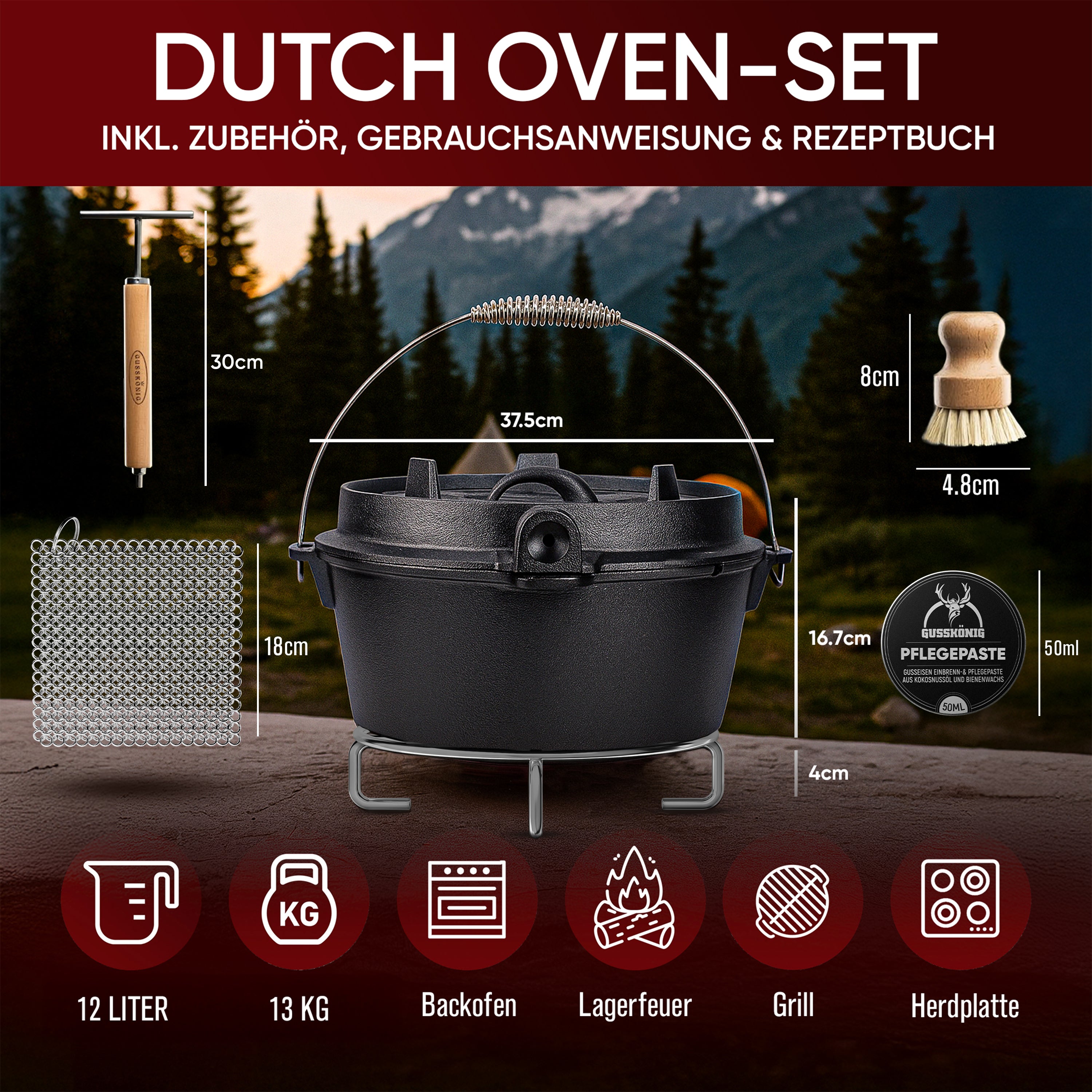 12 L ohne Füße Eingebrannter Dutch Oven Set – inkl. 2in1 Deckelheber + Untersetzer + Ringreiniger + Bürste + Pflegepaste + Rezeptbuch + Gebrauchsanweisung – Schmortopf Doppelfunktion  [für 10-16 Personen]