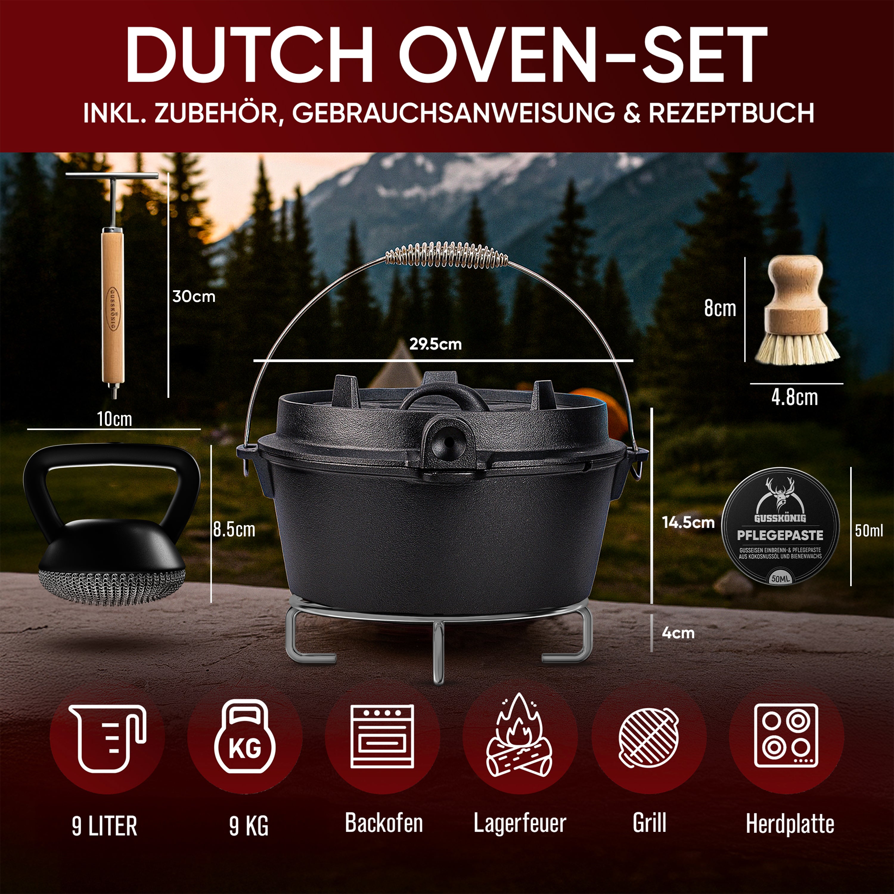 9 L ohne Füße Eingebrannter Dutch Oven Set – inkl. 2in1 Deckelheber + Untersetzer + Schrubber + Pflegepaste + Bürste + Rezeptbuch + Gebrauchsanweisung – Schmortopf Doppelfunktion [für 6-10 Personen]
