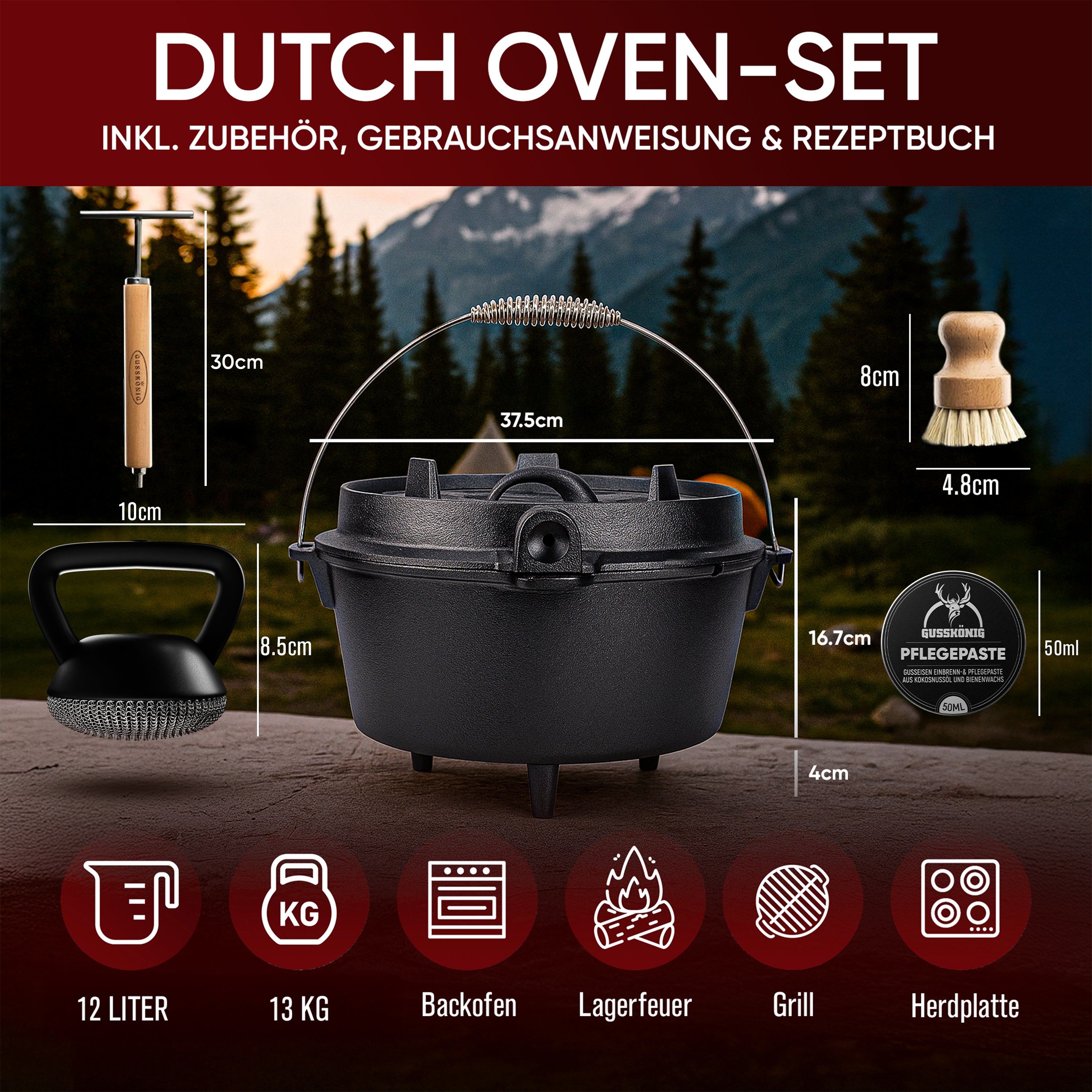 12 L mit Füße Eingebrannter Dutch Oven Set – inkl. 2in1 Deckelheber + Schrubber + Pflegepaste + Bürste + Rezeptbuch + Gebrauchsanweisung – Schmortopf Doppelfunktion [für 10-16 Personen]