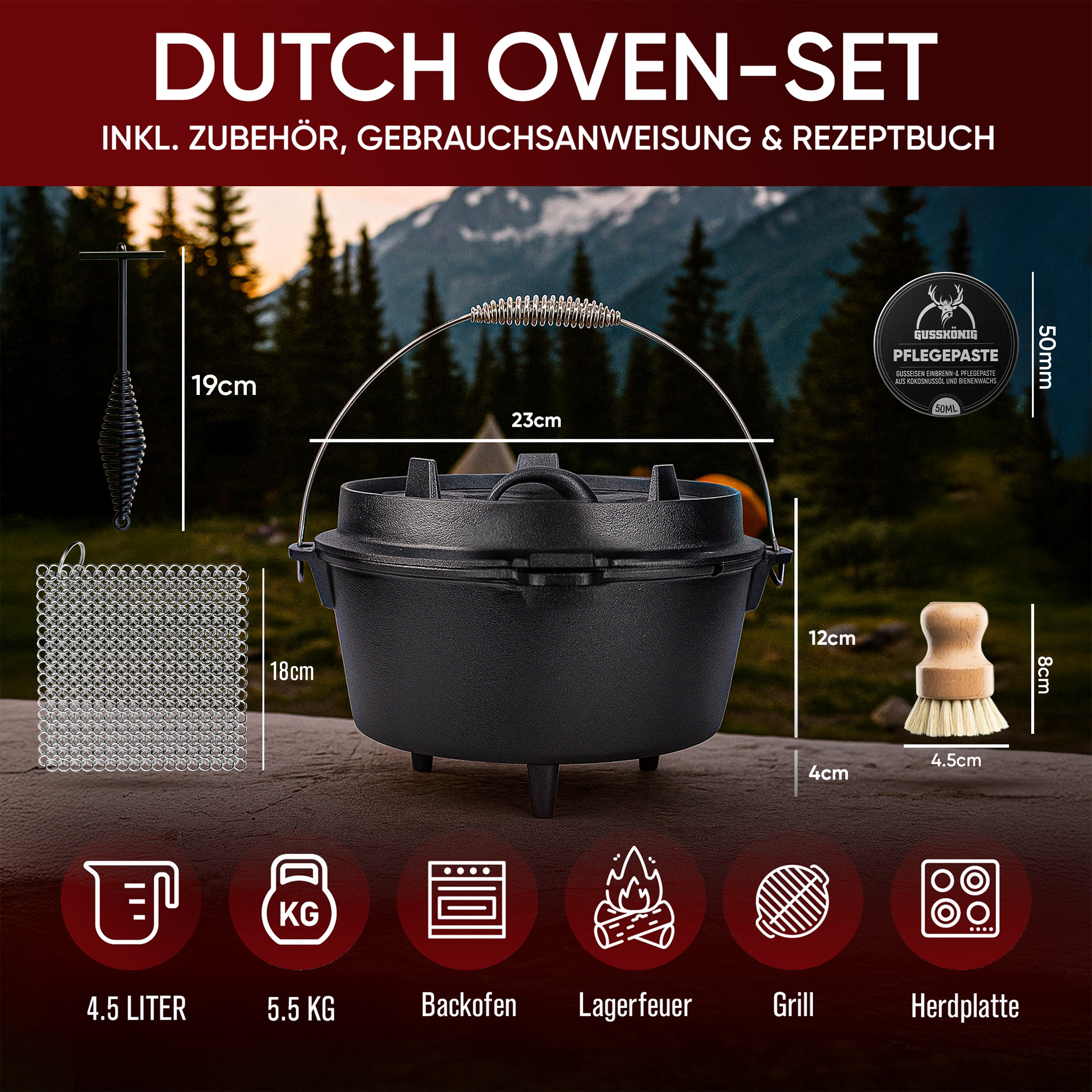 4,5 L mit Füße Klassisch Dutch Oven Set – inkl. Deckelheber + Ringreiniger + Bürste + Pflegepaste + Rezeptbuch + Gebrauchsanweisung – Schmortopf Doppelfunktion [für 2–4 Personen]