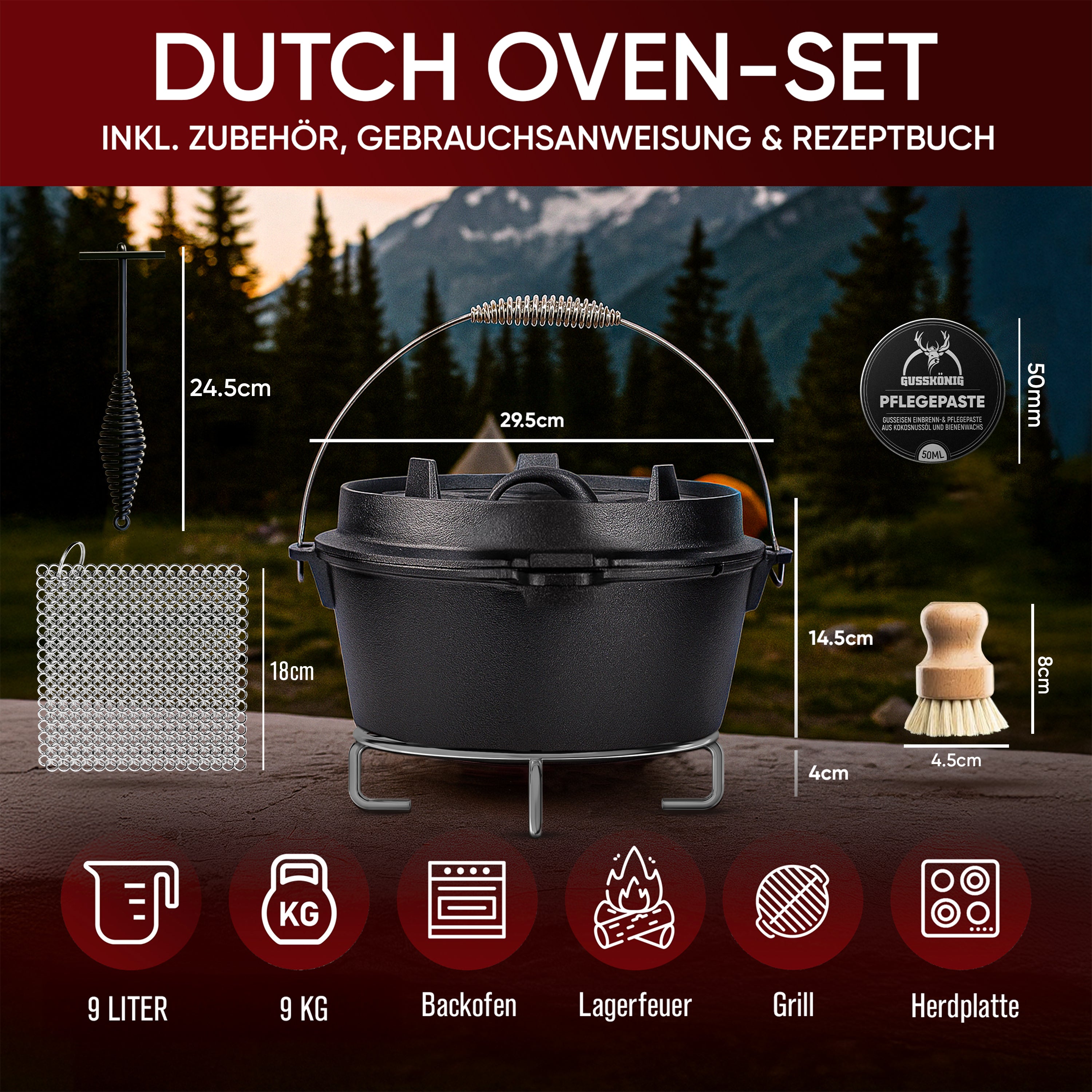 9 L ohne Füße Klassisch Dutch Oven Set – inkl. Deckelheber + Edelstahl-Untersetzer + Ringreiniger + Bürste + Pflegepaste + Rezeptbuch + Gebrauchsanweisung– Schmortopf Doppelfunktion [für 6 -10 Personen]