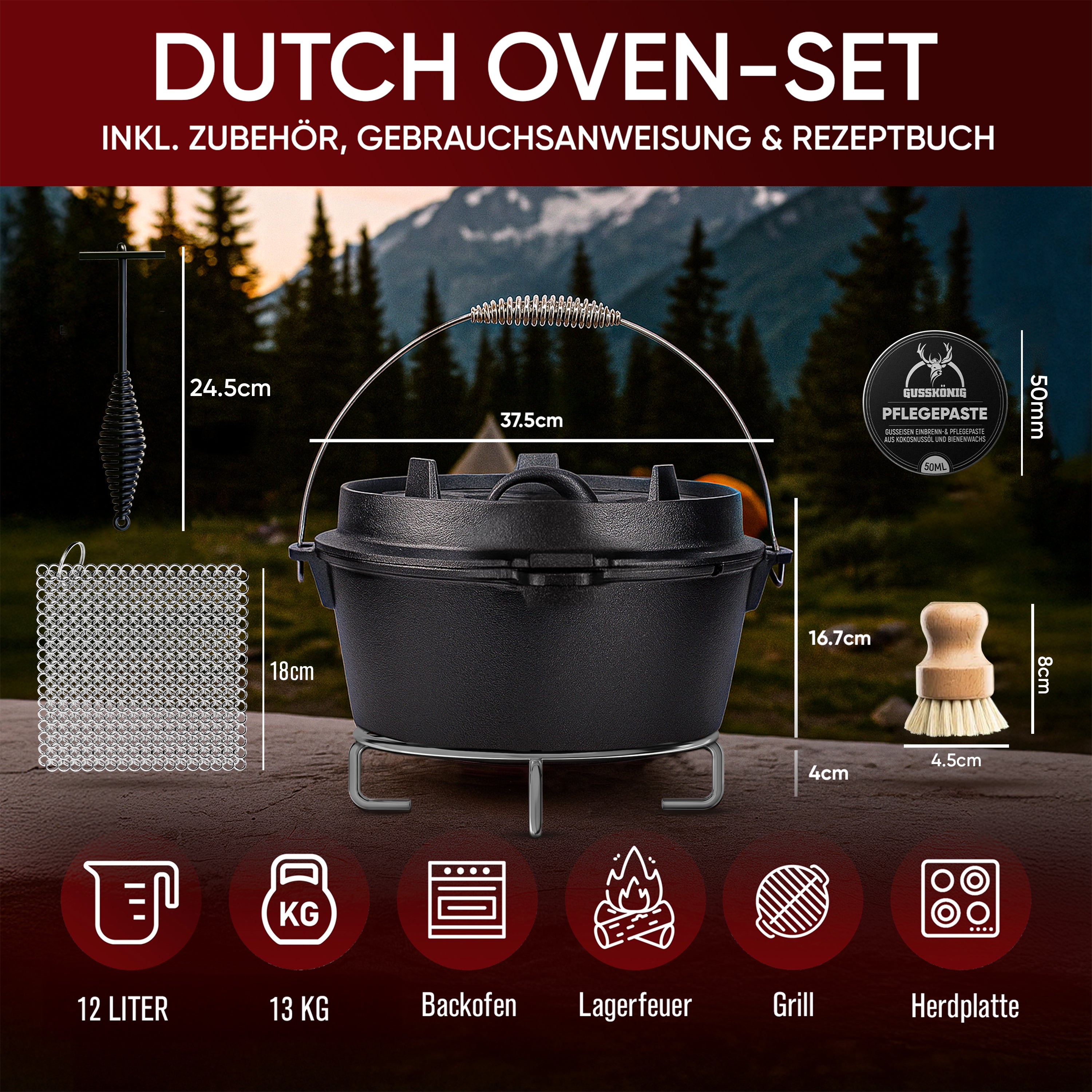 12 L ohne Füße Klassisch Dutch Oven Set – inkl. Deckelheber + Edelstahl-Untersetzer + Ringreiniger + Bürste + Pflegepaste + Rezeptbuch + Gebrauchsanweisung– Schmortopf Doppelfunktion [für 10 -16 Personen]