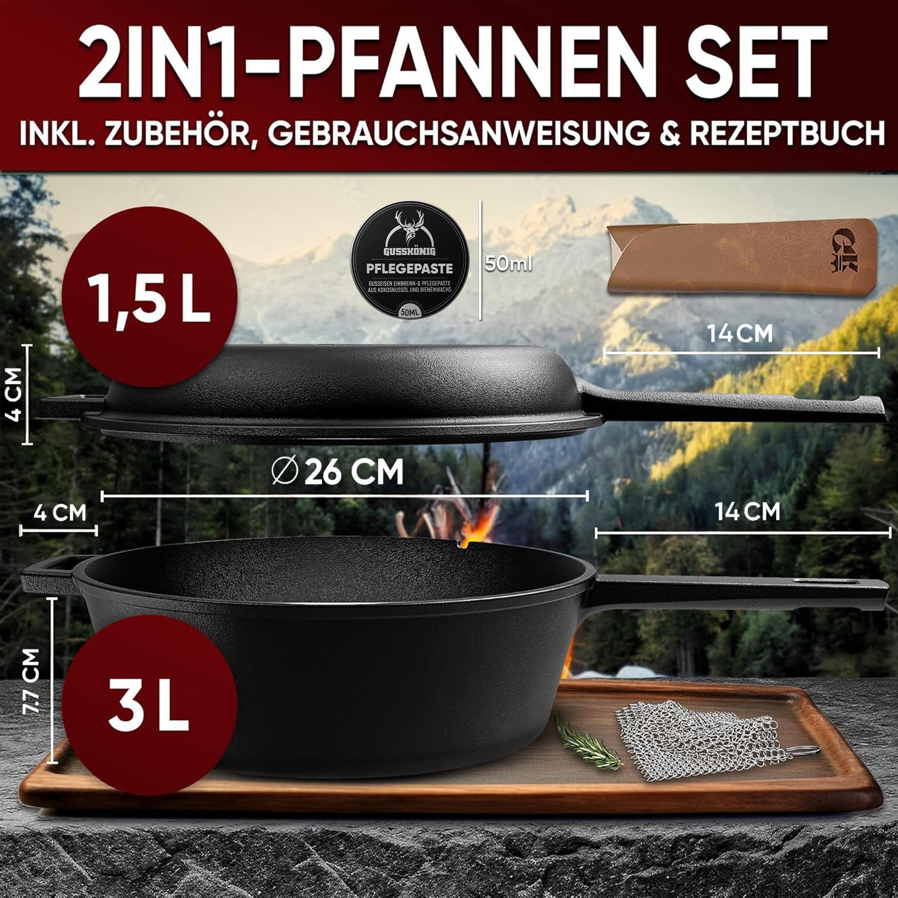 2in1 Pfanne Set – Gusseisen Topf 3L & Gusspfanne 1,5L – inkl. Ringreiniger + Pflegepaste + Echtleder-Griffe + Rezeptbuch + Gebrauchsanweisung – Schmortopf Doppelfunktion [für 2 - 4 Personen]