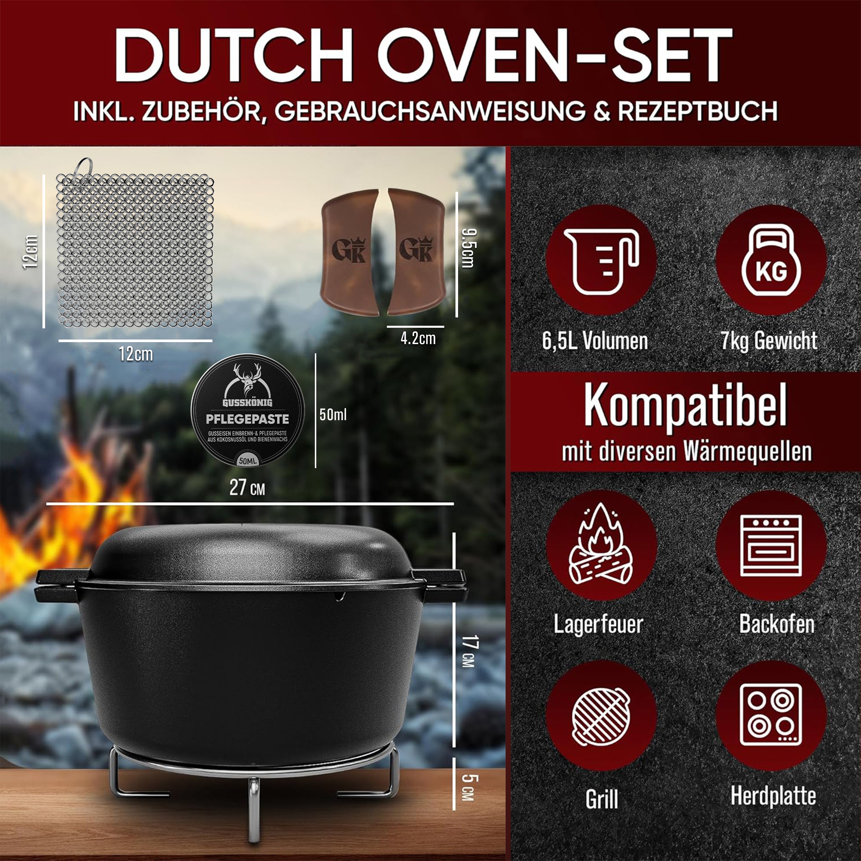 2in1 Dutch Oven Set – Gusseisen Topf 4,8L & Gusspfanne 1,8L – inkl. Ringreiniger + Pflegepaste + Untersetzer + Echtleder-Griffe + Gebrauchsanweisung – Schmortopf Doppelfunktion [für 3-6 Personen]