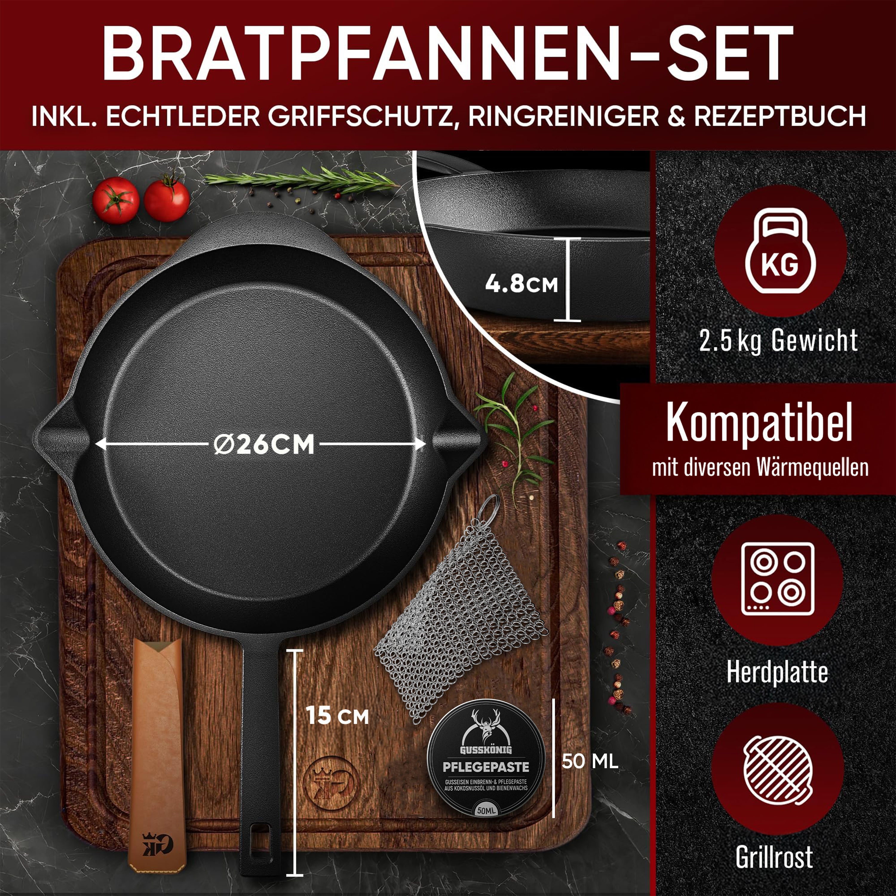 Eingebrannte Gusseisenpfanne 26cm – inkl. Ringreinige + Pflegepaste + Griffschutz aus echtem Leder + Rezeptbuch + Gebrauchsanweisung