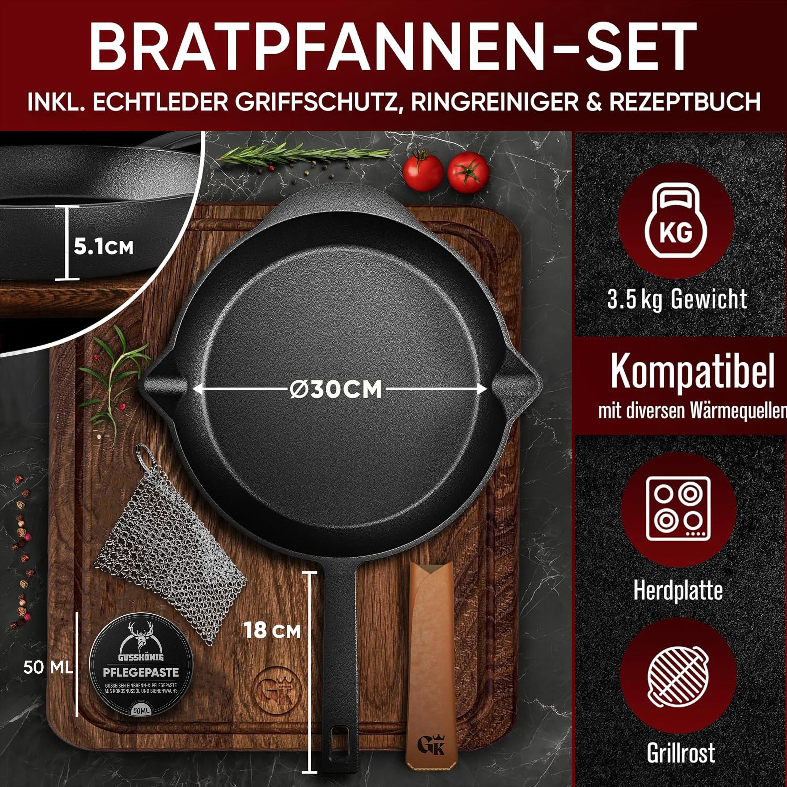 Eingebrannte Gusseisenpfanne 30cm – inkl. Ringreinige + Pflegepaste + Griffschutz aus echtem Leder + Rezeptbuch + Gebrauchsanweisung