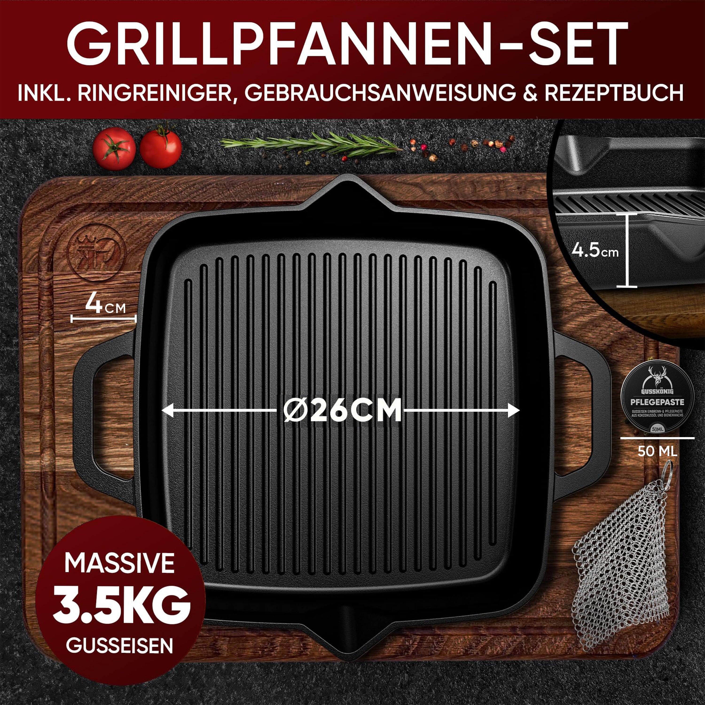 Eingebrannte Grillpfanne 26cm – inkl. Pflegepaste + Ringreiniger + Rezeptbuch + Gebrauchsanweisung