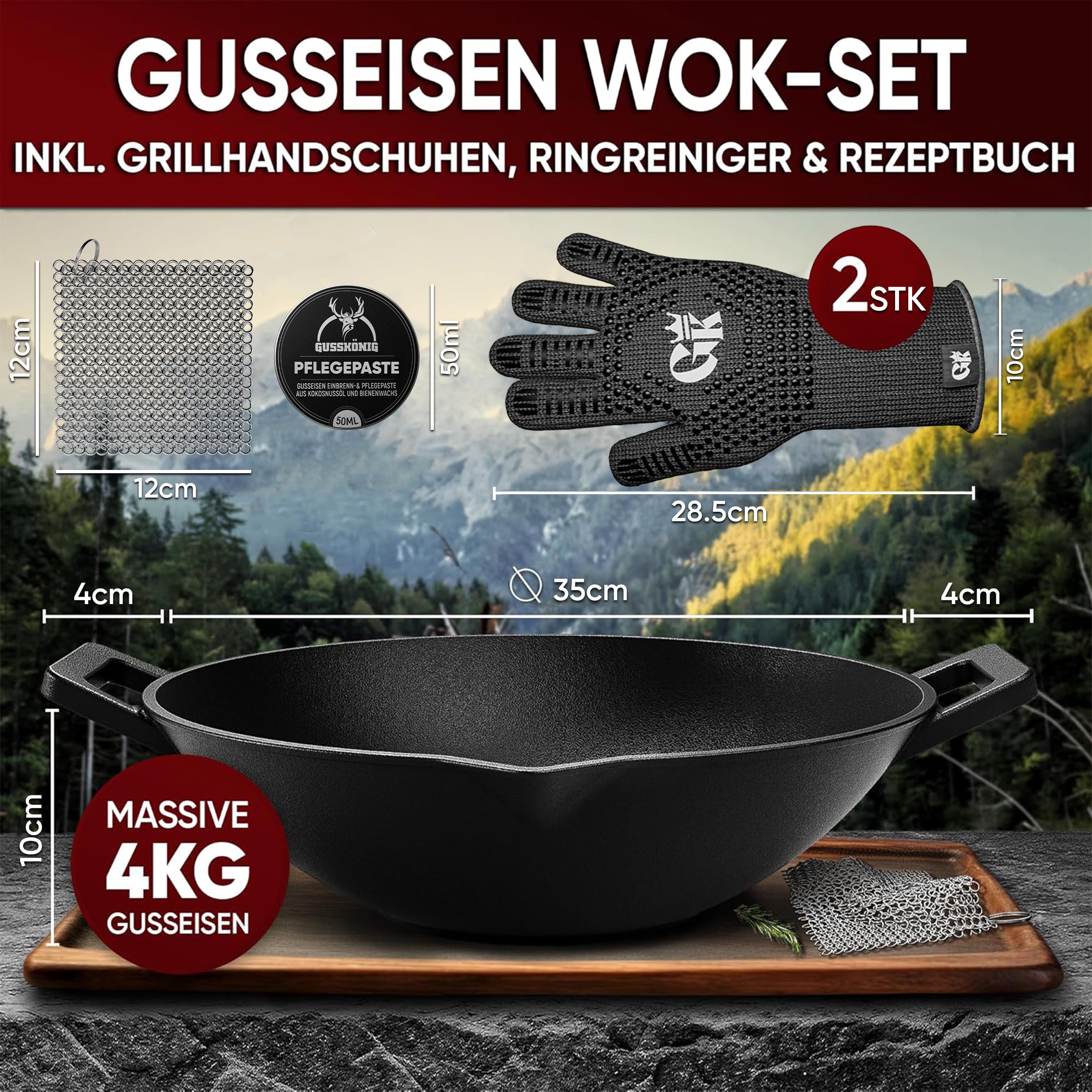 Eingebrannte Wok Pfanne 36cm –  inkl. Pflegepaste + Ringreiniger + Grillhandschuhe + Rezeptbuch + Gebrauchsanweisung