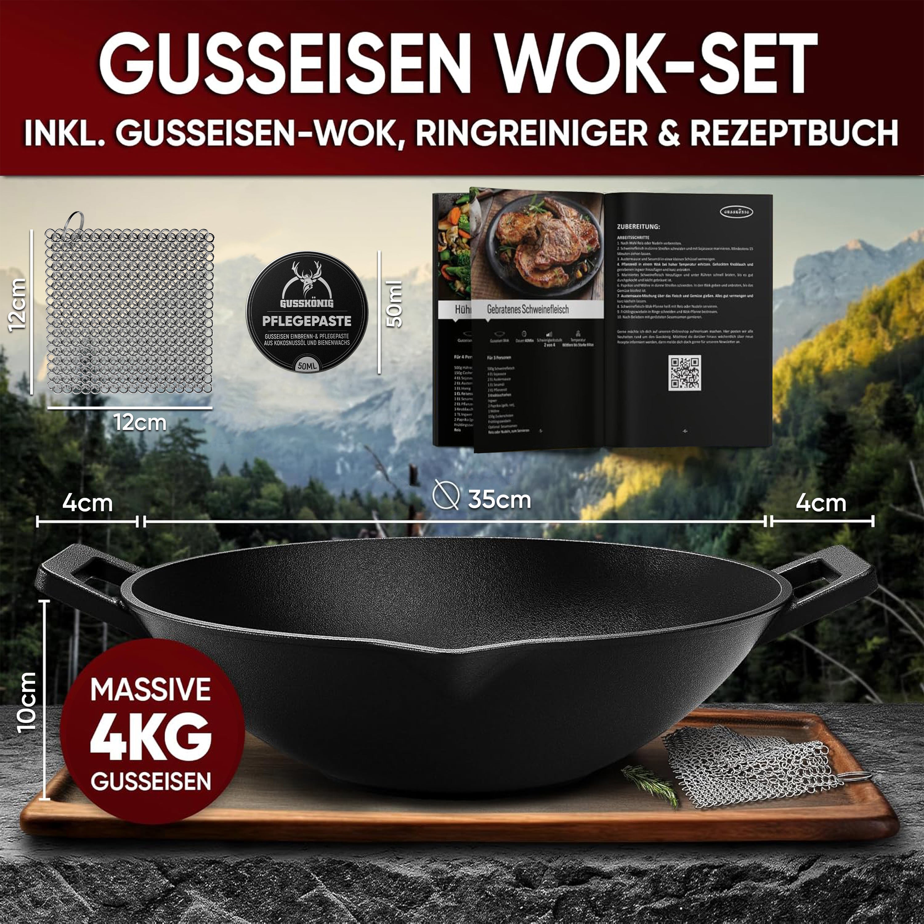 Eingebrannte Wok Pfanne 36cm –  inkl. Pflegepaste + Ringreiniger + Grillhandschuhe + Rezeptbuch + Gebrauchsanweisung