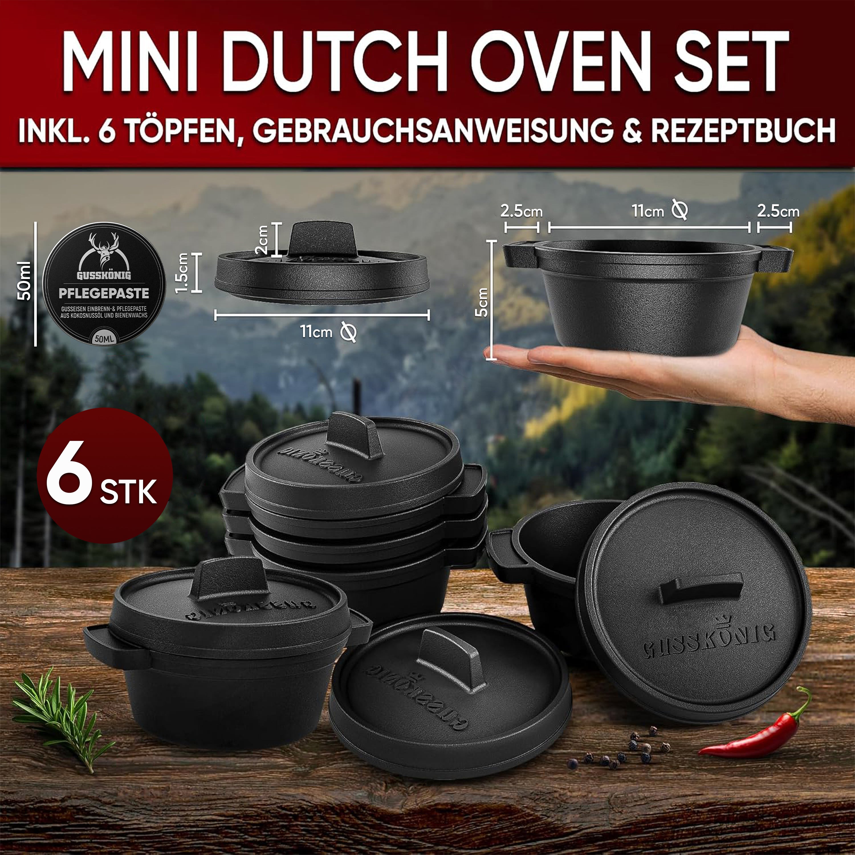 Eingebrannter 6× 300ml Mini Dutch Oven Set – inkl. Pflegepaste + Rezeptbuch + Gebrauchsanweisung