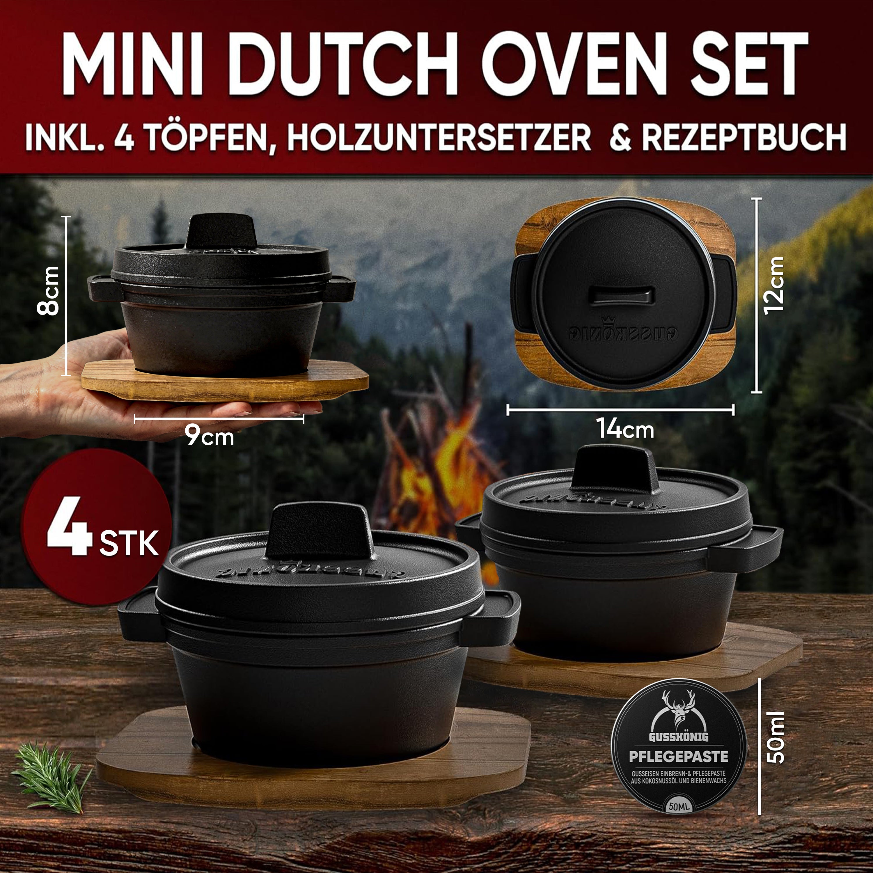 Eingebrannter 4× 300ml Mini Dutch Oven Set mit Holz-Untersetzer – inkl. Pflegepaste + Rezeptbuch + Gebrauchsanweisung